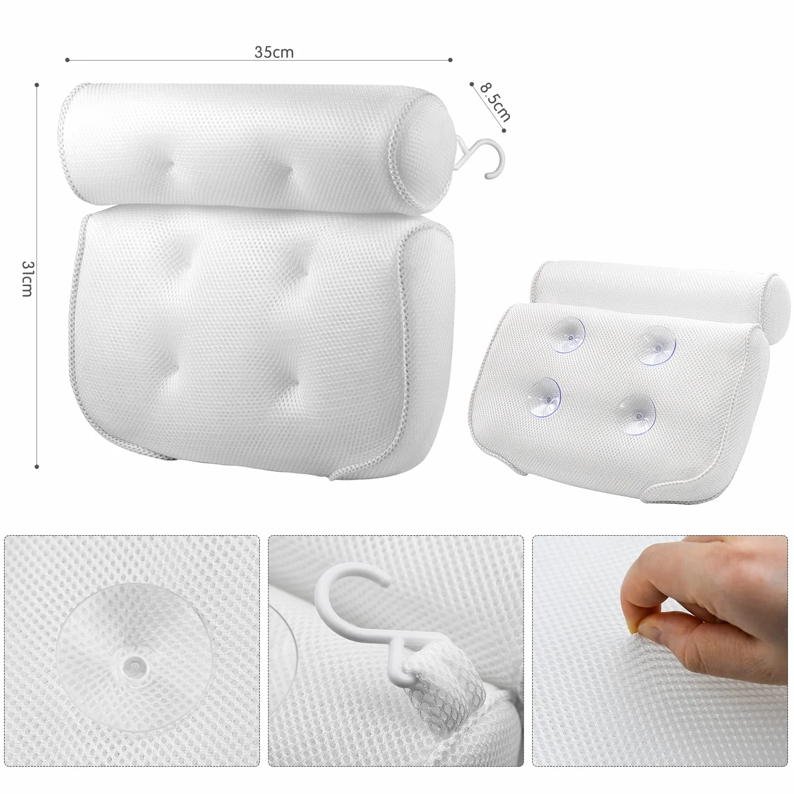 Almohada de Baño, Almohada de Bañera con 6 Ventosas Antideslizantes y 1 Gancho, Almohada de Bañera de SPA Suave de Malla 3D, Almohadas de Baño para Soporte de Cuello y Espalda de Bañera