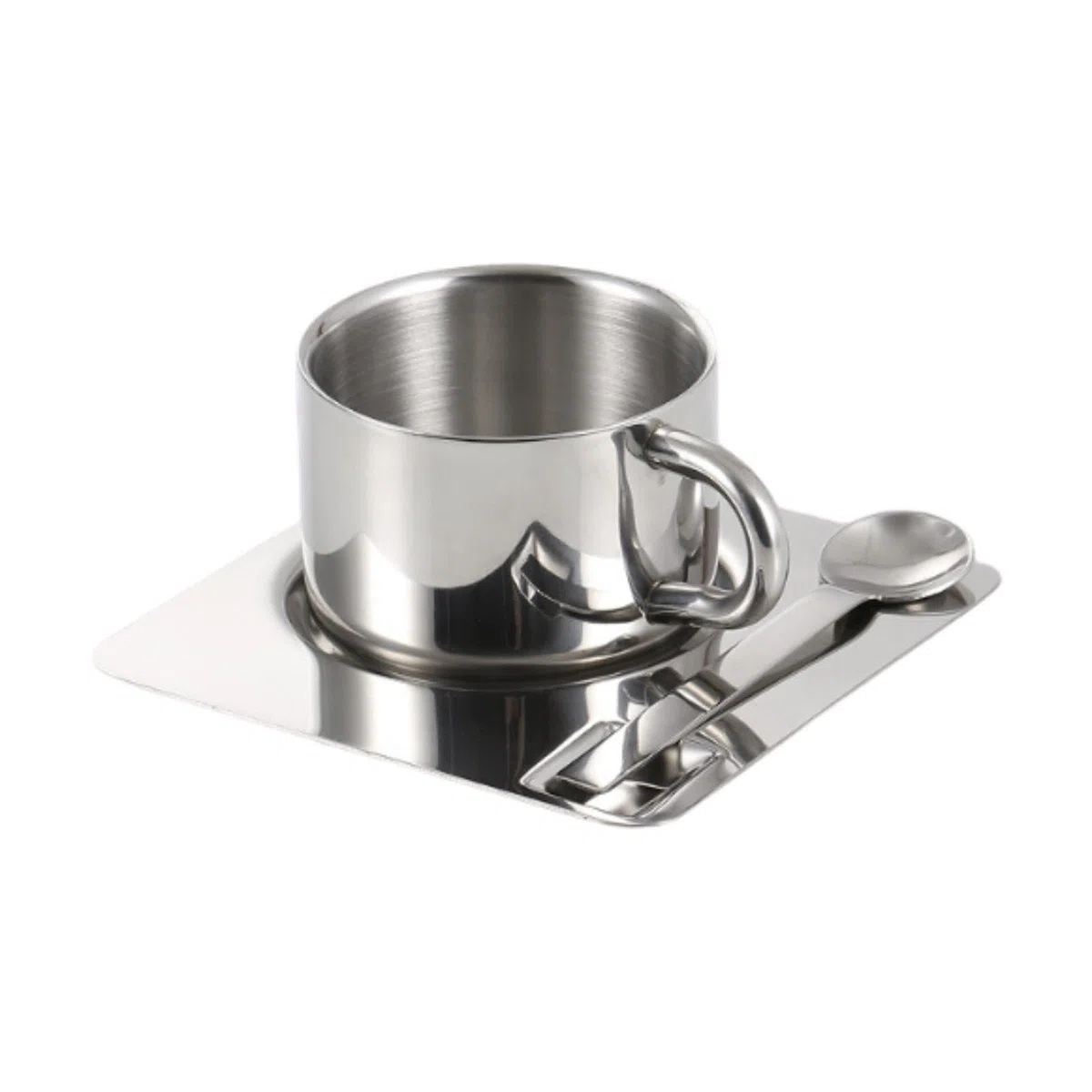 MagiDeal Taza de Café Juego con Plato y Tazas de Leche de Cuchara de Acero Inoxidable Taza de Té Portátil de Metal Portátil para Restaurante, Casa de Cocina