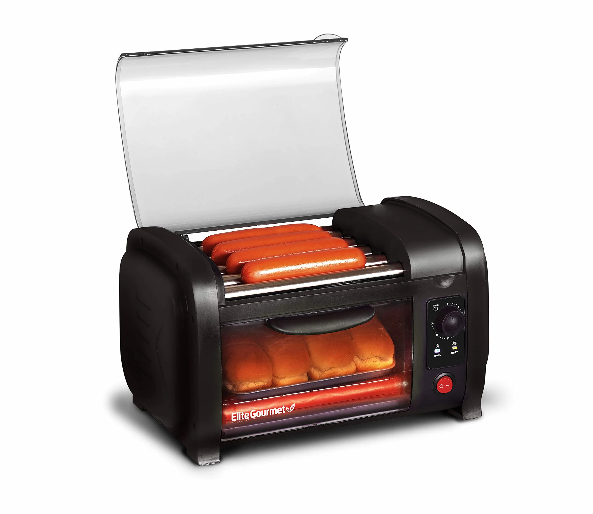 Elite Gourmet Cuisine EHD-051B Horno tostador para perritos calientes, temporizador 30 min, bandeja acero inoxidable, 4 panes, negro