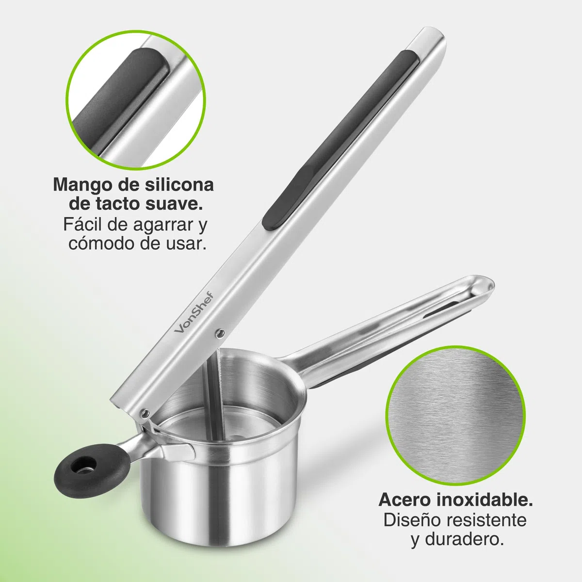 VonShef Rallador y Aplastador de Patatas - Machacador de Patatas de Acero Inoxidable con Mango de Silicona, Apto para Lavavajillas Prensa de Patatas