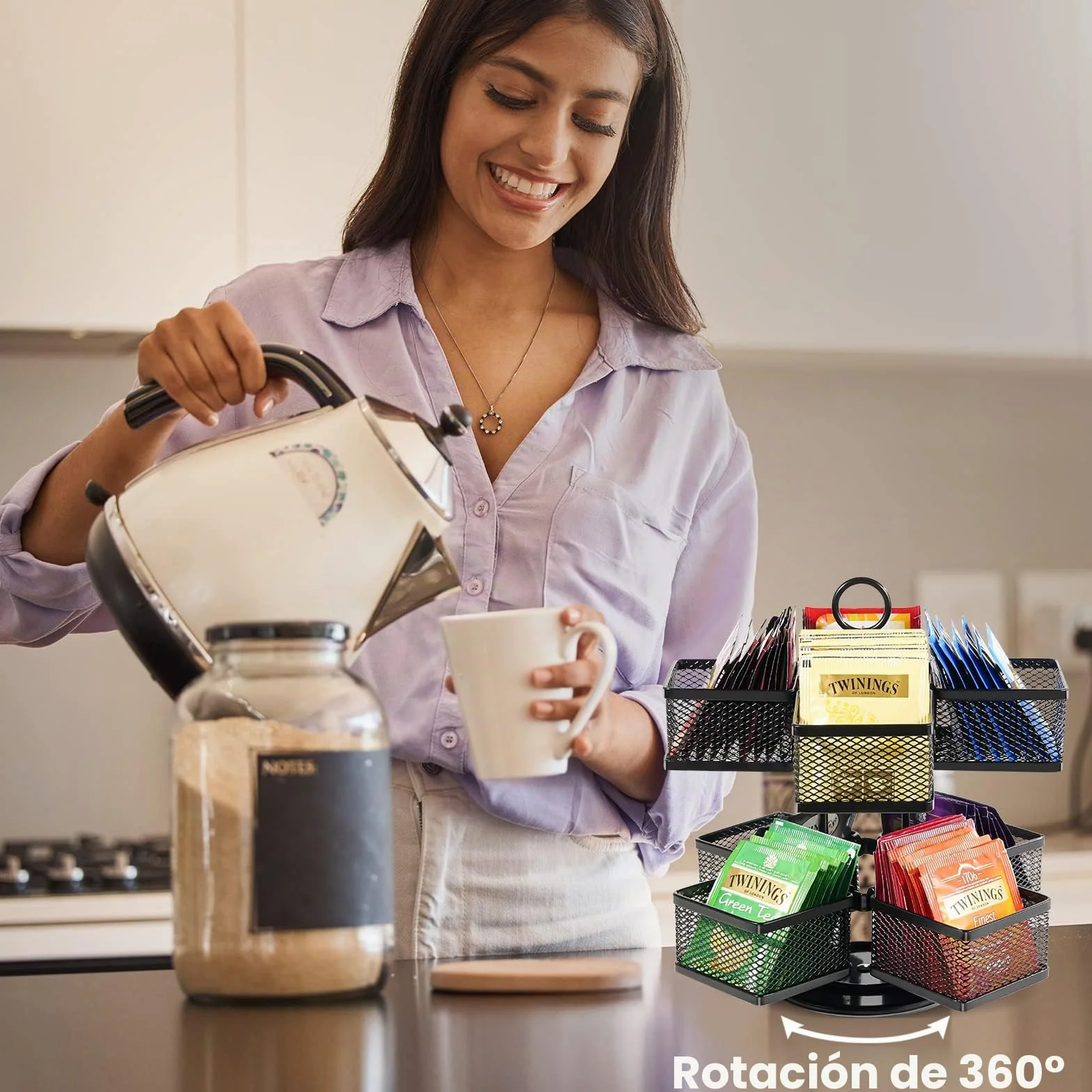 Puricon Organizador de Té, Estante Giratorio 8 Compartimentos para Almacenar Bolsitas de Té e Infusiones de Acero -Negro