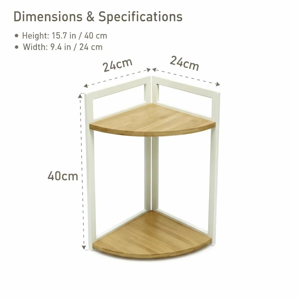 XZ-22122 Estante de Esquina de 2 Niveles con Marco de Metal Blanco y Baldas de Madera, Repisa Curva para Cocina, Estudio, Baño y Salón, Solución de Almacenaje para Rincones