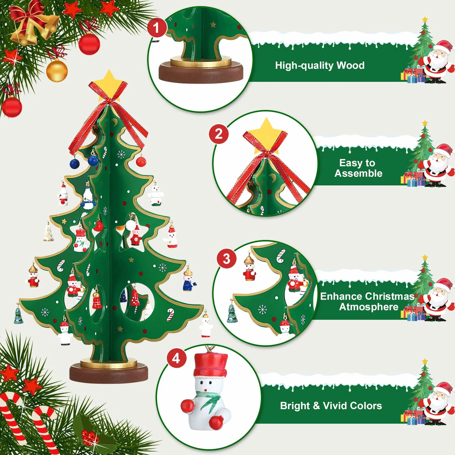 LEMESO Calendario de Adviento Árbol de Navidad Madera 3D con 24 Decoraciones Colgantes 35,5cm