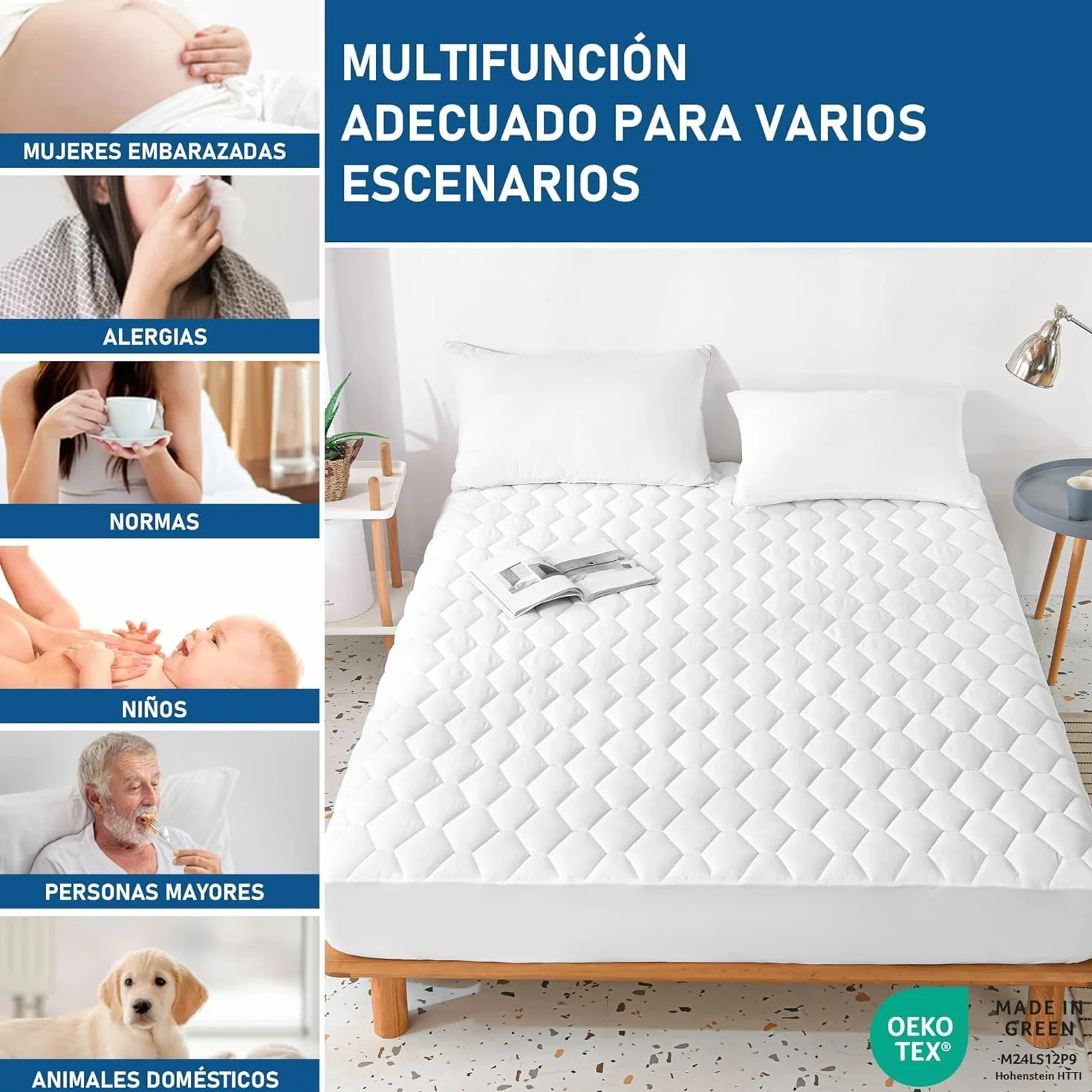 GRT Protector de Colchón Acolchado Impermeable, Cubre Colchón Transpirable Certificado Oeko-Tex, Funda para Colchón Estira hasta 30 cm, Blanco 90x190 cm