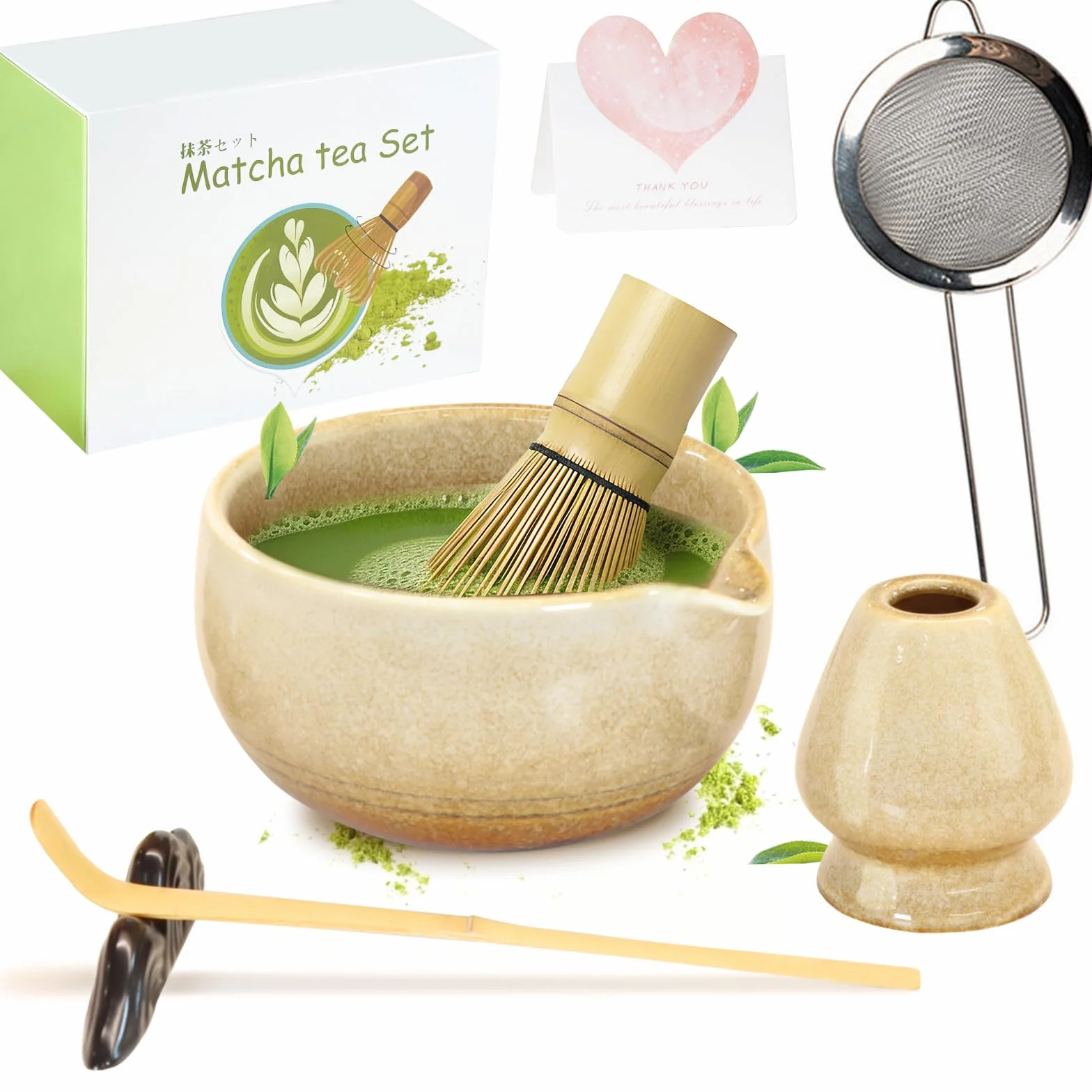 Té Matcha Kit de Japonesa Matcha Set 7 piezas Incluye Batidora de bambú para matcha, Cuenco de Matcha, Cuchara, Colador, Kit de Ceremonia Matcha (Beige)