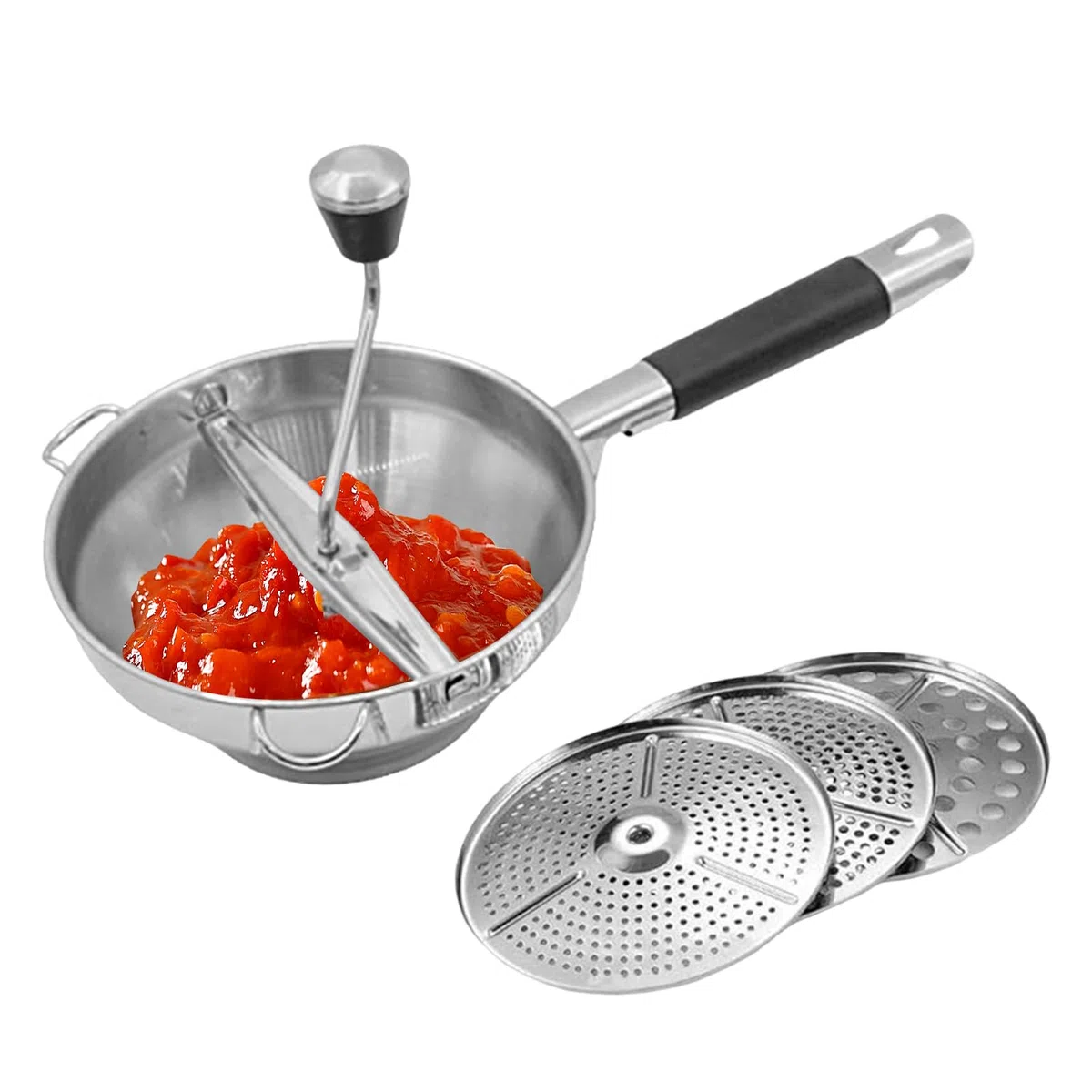 Pasapuré - Acero inoxidable 38 centímetros | Prensapuré manual con discos reemplazables, preparación de comidas, comida para bebés, prensapuré manual de acero inoxidable