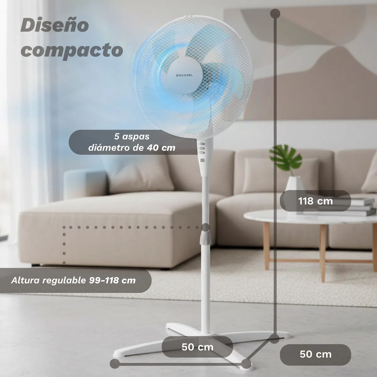 Grunkel Ventilador de Pie FAN-165 de 50W- 16" 40cm de diametro con 3 Velocidades y 5 aspas, Altura Regulable hasta 118cm. Cabezal inclinable, oscilación 90° y cable de 1,4m - 50W (Blanco)