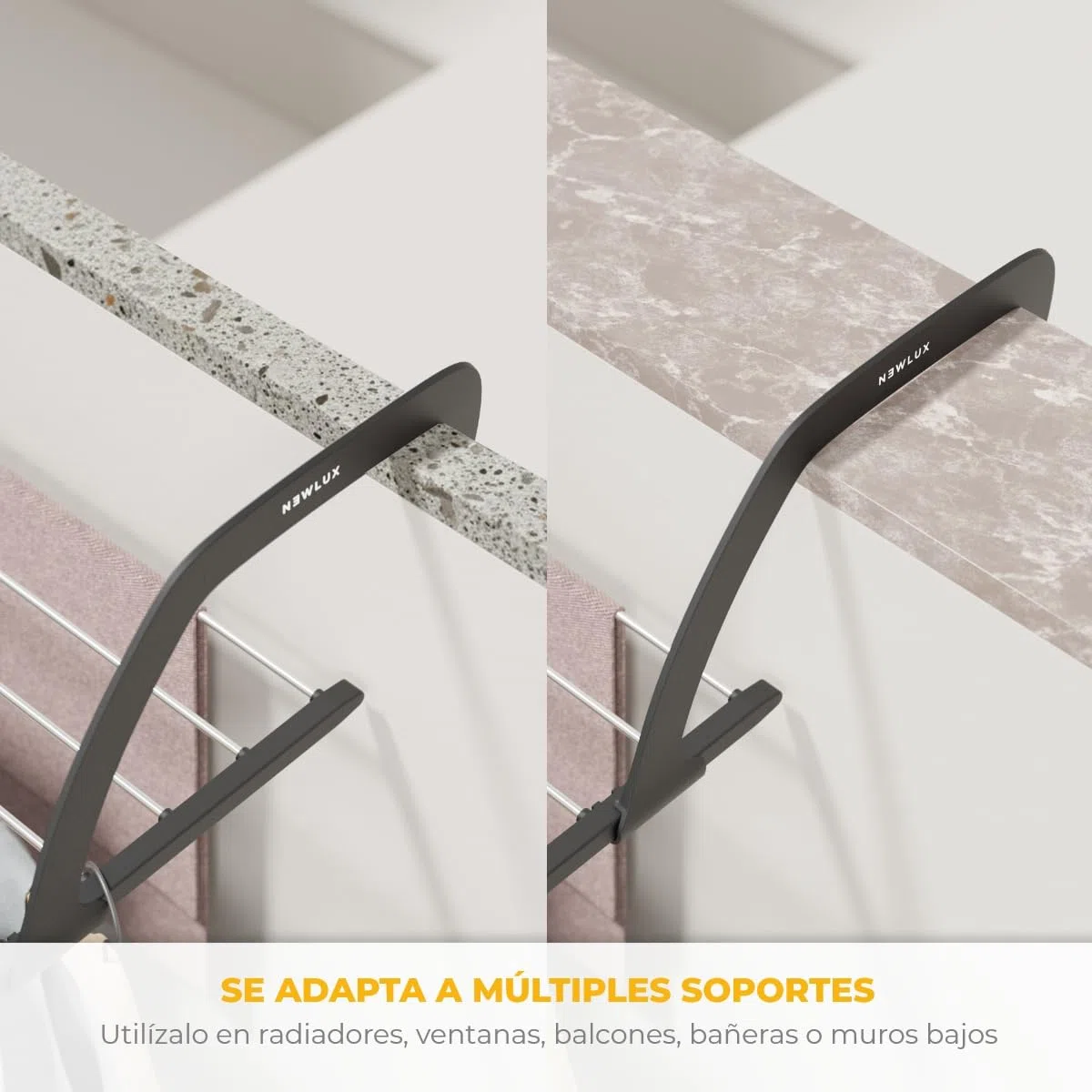 Newlux - Tendedero Balcón Extensible Flex V9 de Acero INOX (+/- 52.5-92,5x35x17cm). Tendedero barandilla Plegable con Capacidad 9M y 7kg. Accesorio Calcetines. Ideal Interiores y Exteriores, Negro