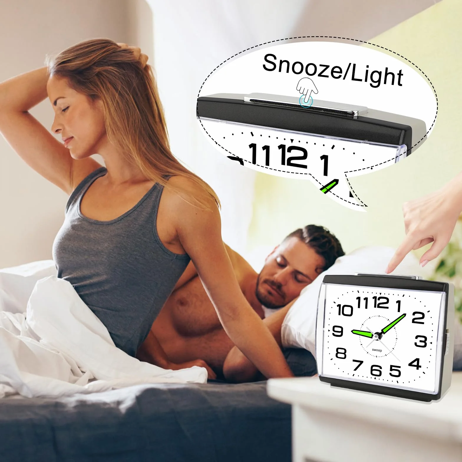 Reloj Despertador Analógico Silencioso Sin Tictac,Reloj de Mesita de Noche con Luz,Snooze y Gran Esfera,Despertador Clásico con Pilas para Dormitorio y Mayores Regalo