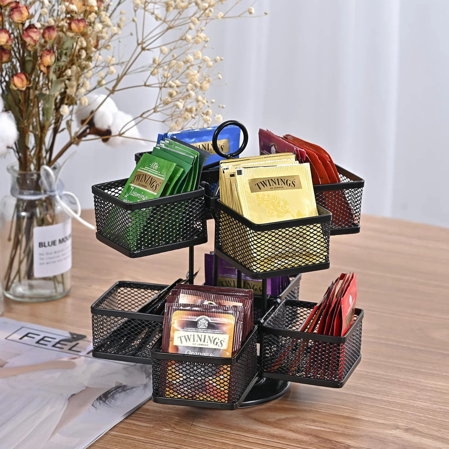 Puricon Organizador de Té, Estante Giratorio 8 Compartimentos para Almacenar Bolsitas de Té e Infusiones de Acero -Negro