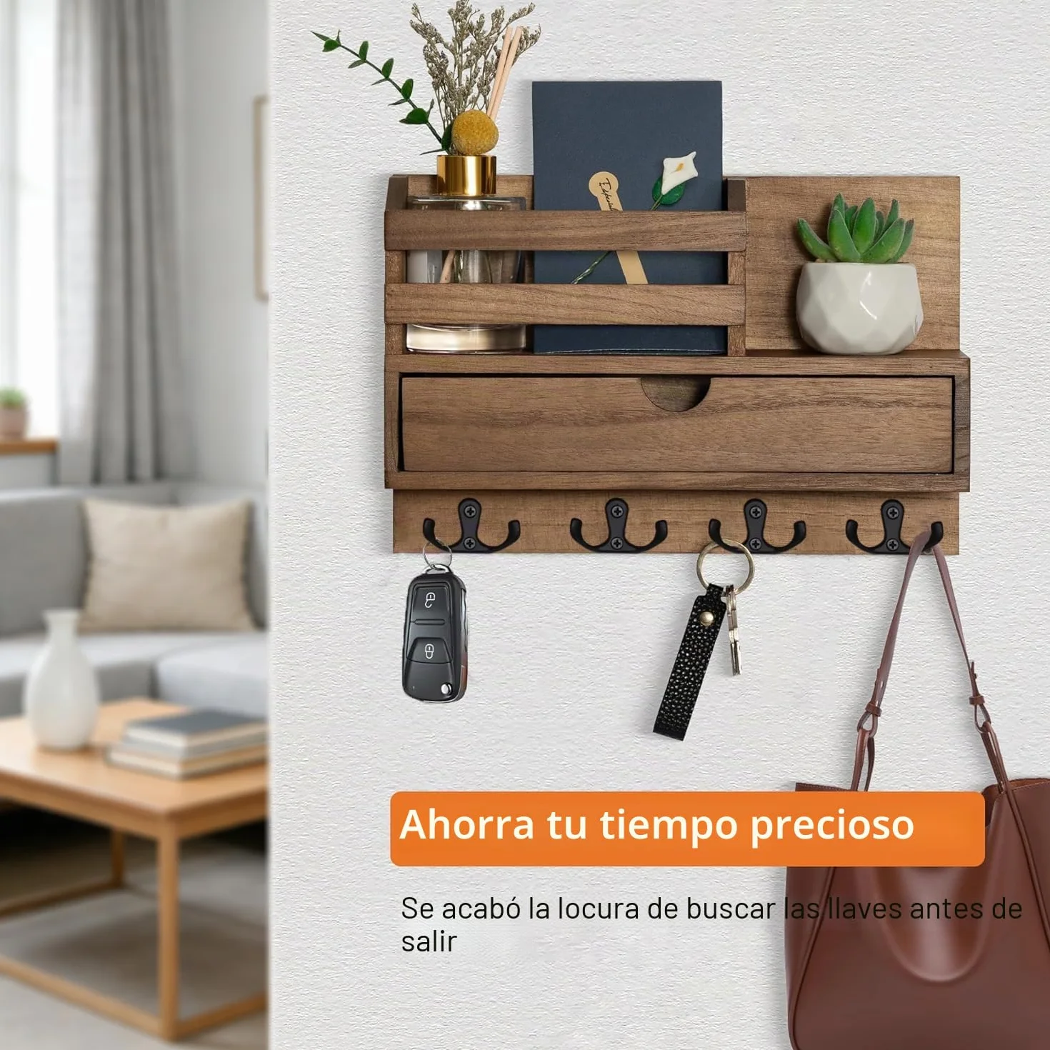 Colgador de Llaves con 4 Ganchos Dobles, Multifuncional Porta Chaves con Buzón, Colgador Llaves Pared con Cajón, Cuelga Llaves Pared para Salón, Pasillo, Oficina - Marrón