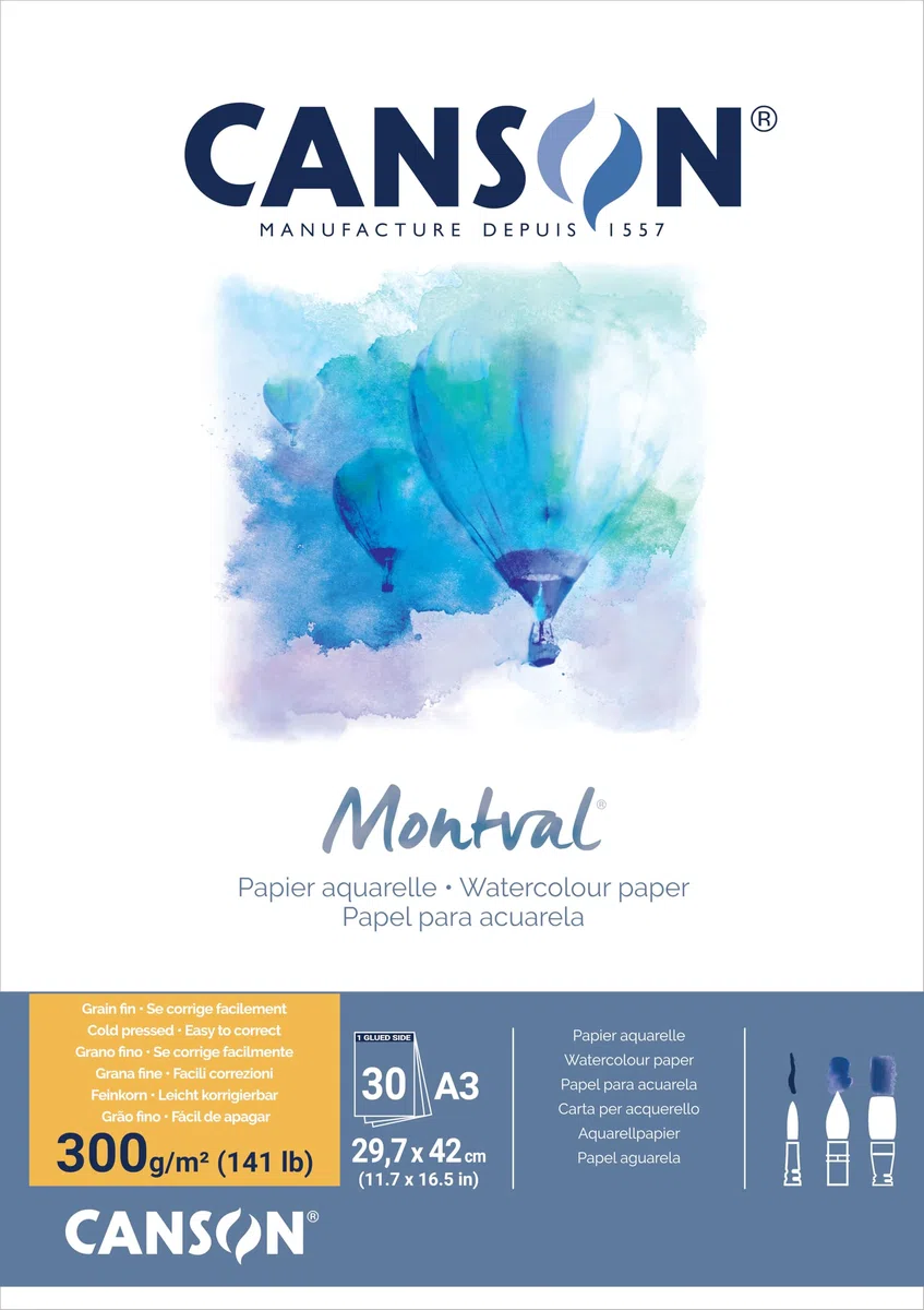 Canson Montval, Papel de Acuarela, Grano Fino, 300g, Bloc encolado por el Lado Corto, A3-29,7x42cm, Blanco, 30 Hojas