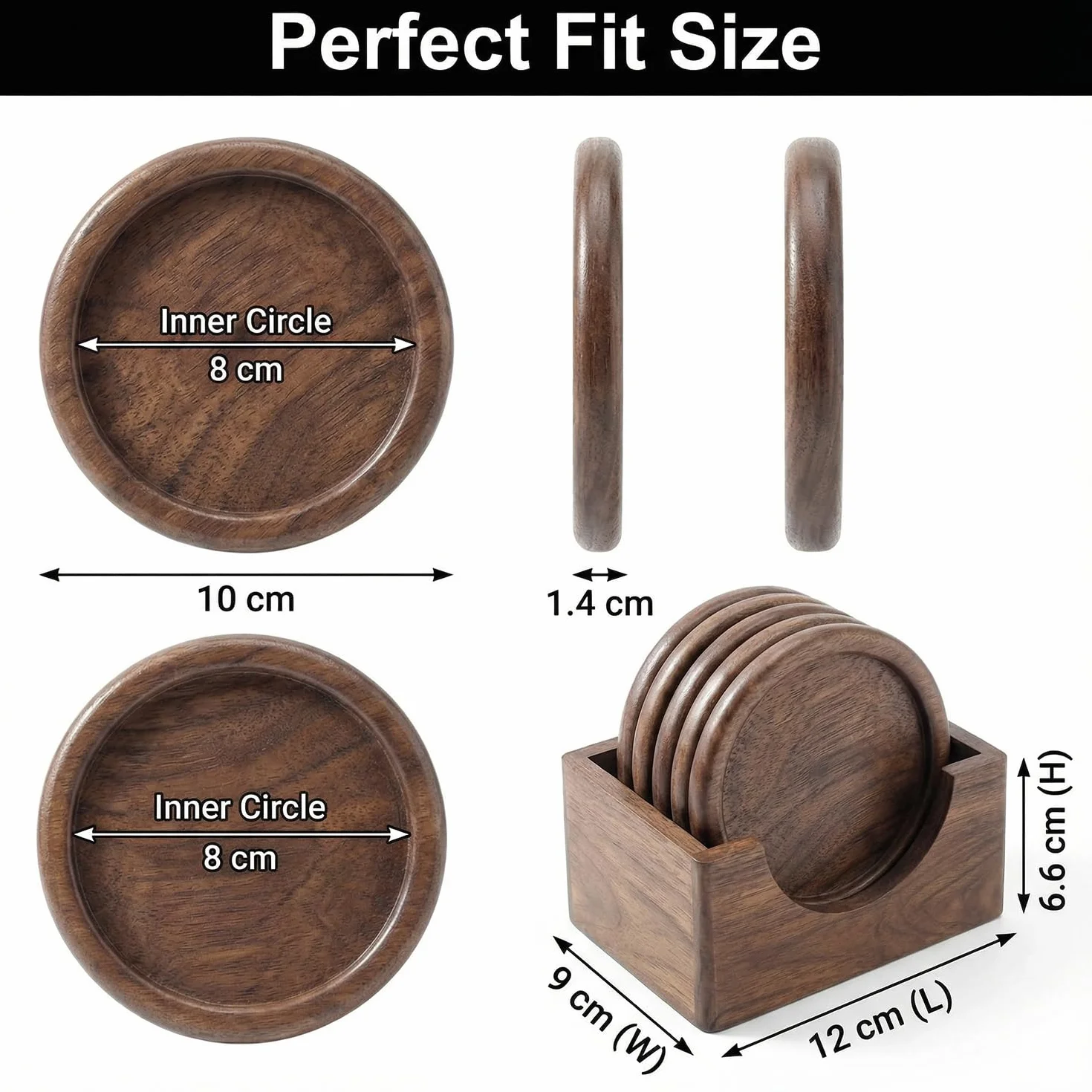Posavasos de Madera de Nogal, Set de 6, 10 cm, Soporte Incluido para Vasos de Whisky, Copa y Tazas