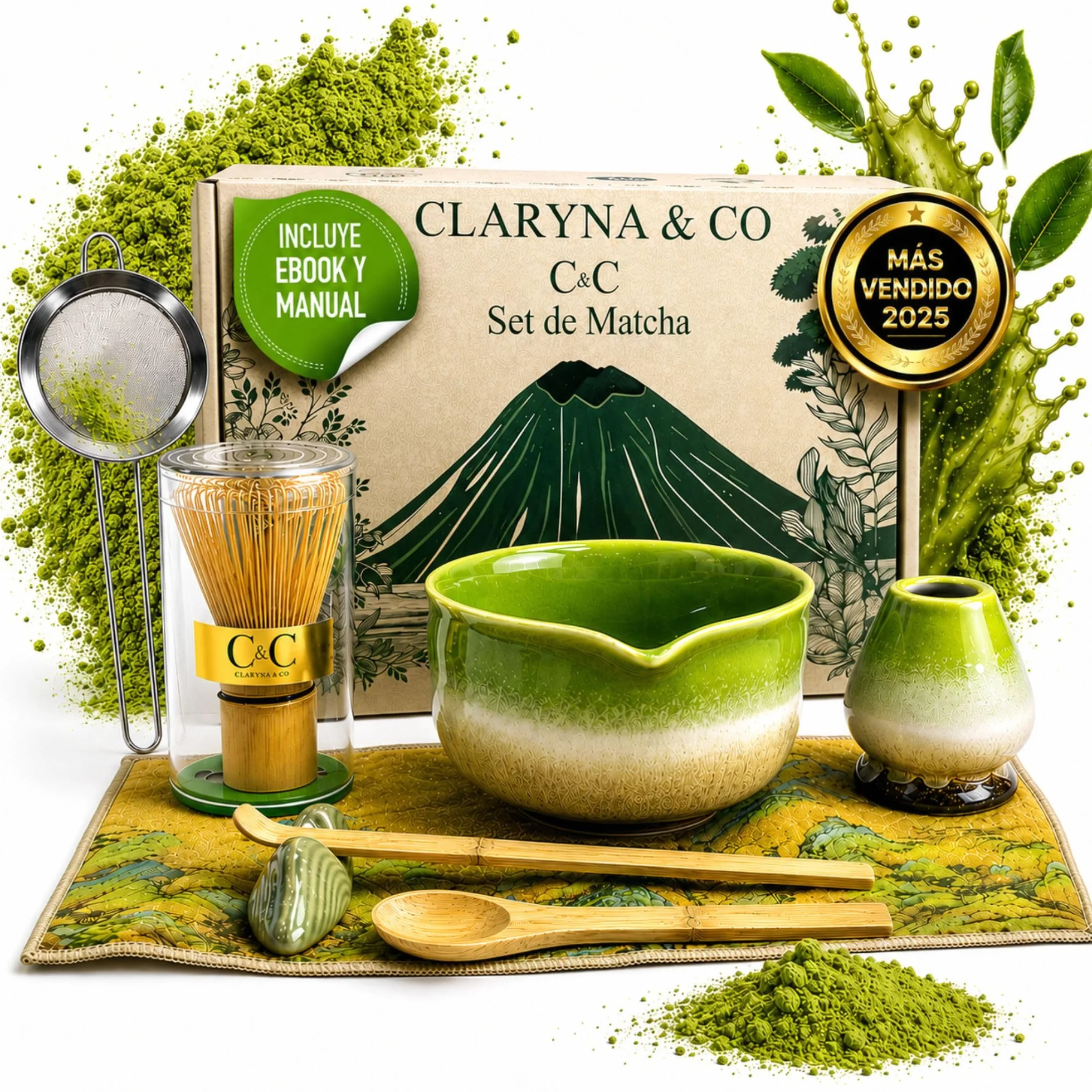 C&C Set Te Matcha Kit, 8 Piezas Premium Ecológicas Duraderas y Resistentes, Incl Ebook con Recetas Exclusivas y Manual, Batidor Matcha Colador Kit Matcha Set, Set Matcha Whisk - Kit Te Matcha Completo