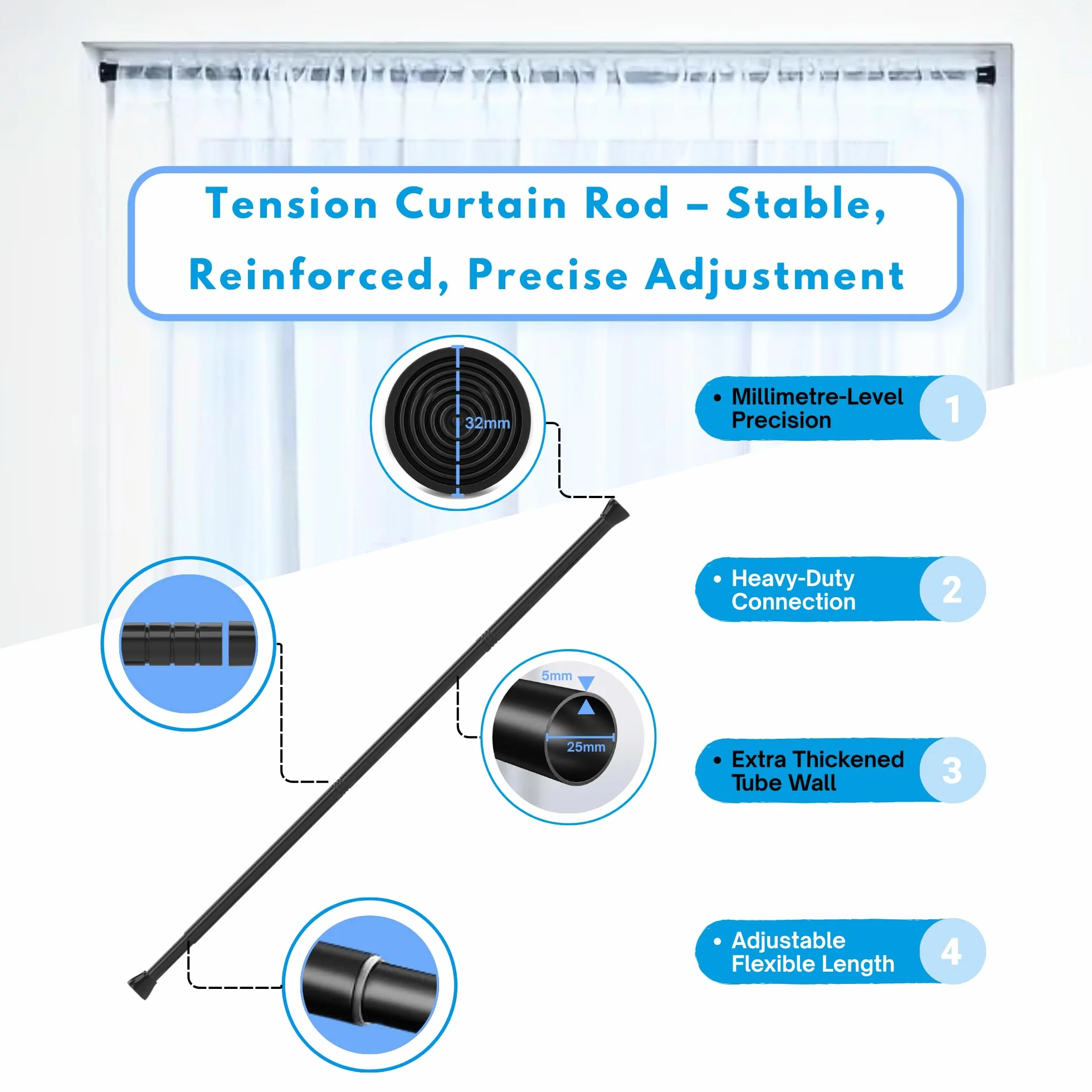 1 barra de tensión para barra de cortina de ducha, barra de cortina sin perforación, barra telescópica extensible, fácil de instalar para baño, cocina, armarios (85-180 cm, plata grande)