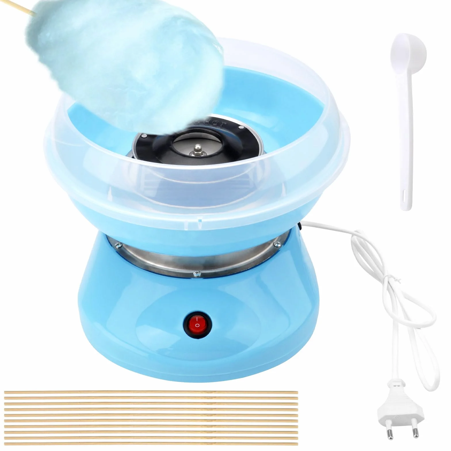 DAWRIS Máquina de algodón de azúcar para niños azul con 10 varillas y cuchara medidora