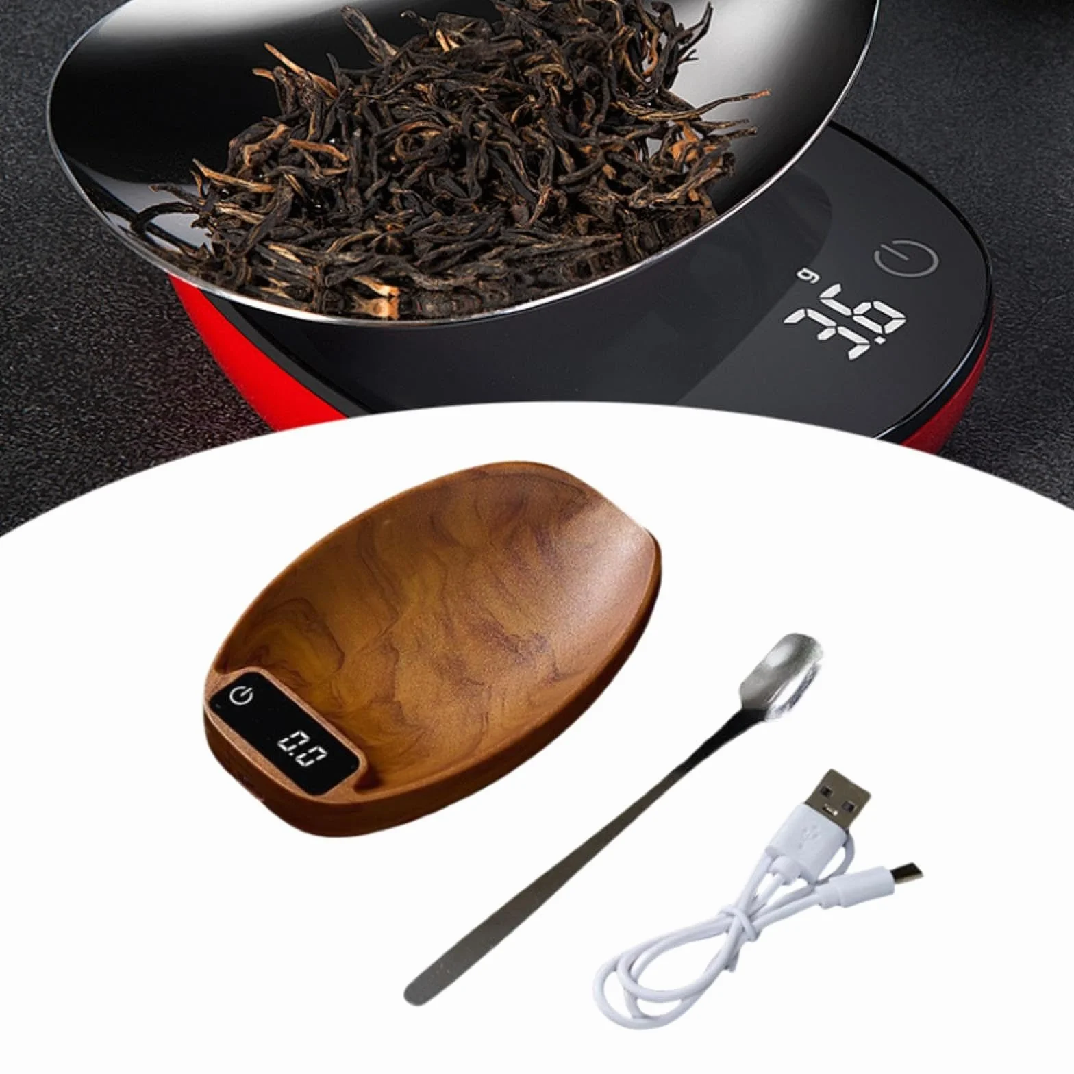 Electrónica para Medir Alimentos Té Café con Cuchara Digital Material PP Acabado Madera Diseño Pequeño Recargable USB Apta para Oficina Hogar, MarrÓn, Individual