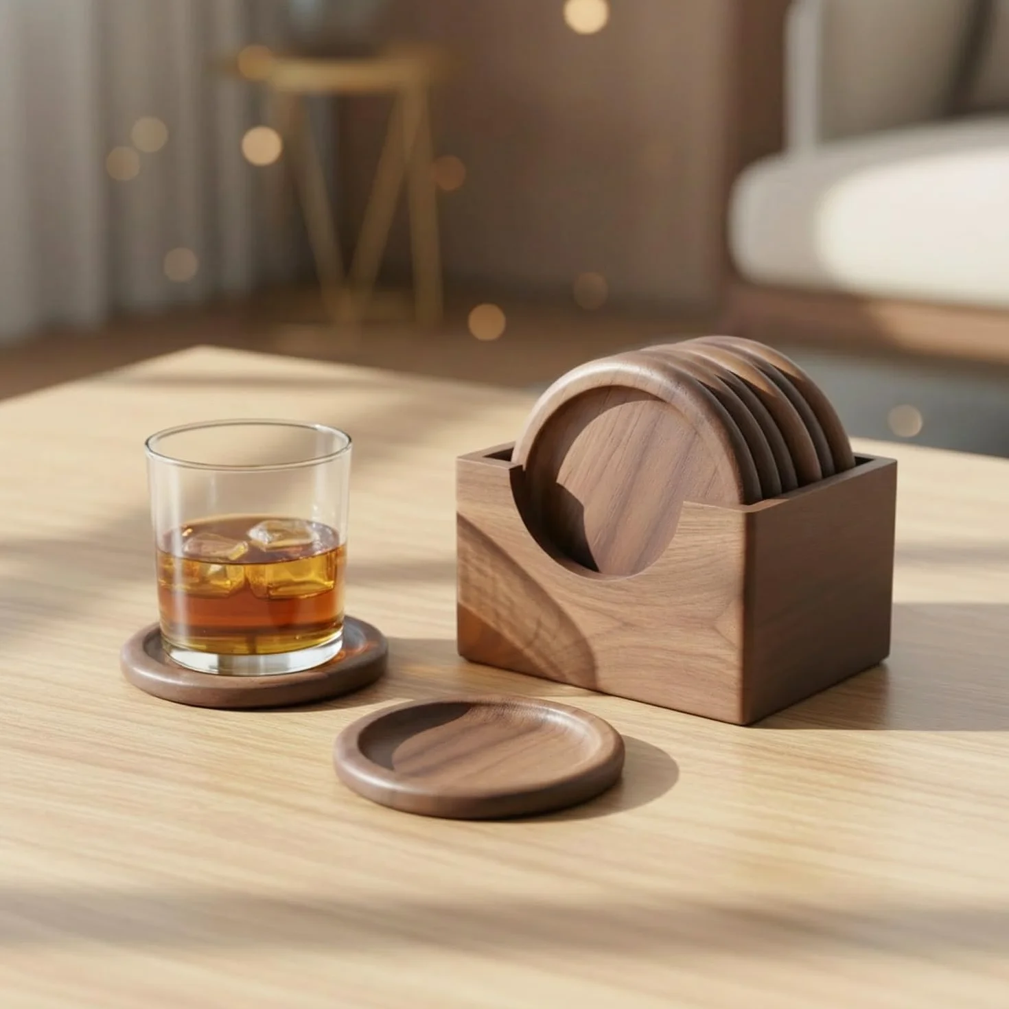 Posavasos de Madera de Nogal, Set de 6, 10 cm, Soporte Incluido para Vasos de Whisky, Copa y Tazas