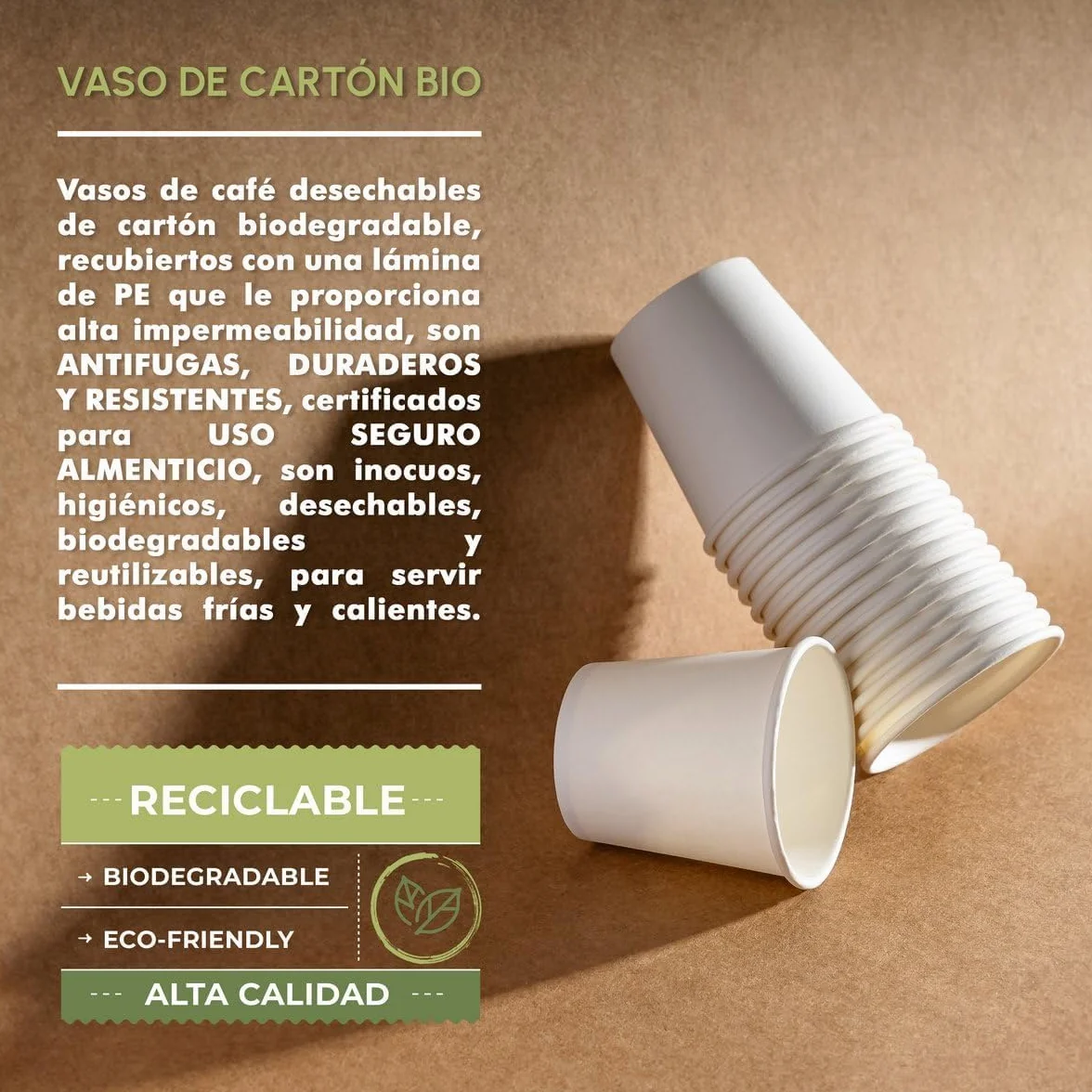 BEST PRODUCTS 400 vasos desechables café 250cc de cartón antifugas, biodegradables, compostables, reciclables, para café, agua, infusiones, bebidas frías y calientes para fiestas y eventos.