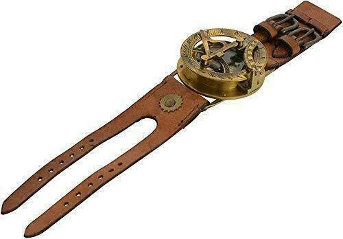 reloj Pulsera de latón estilo steampunk antiguo con brújula y reloj de sol, colección hecha a mano, pulsera de cuero, náutica, marrón antiguo, 6