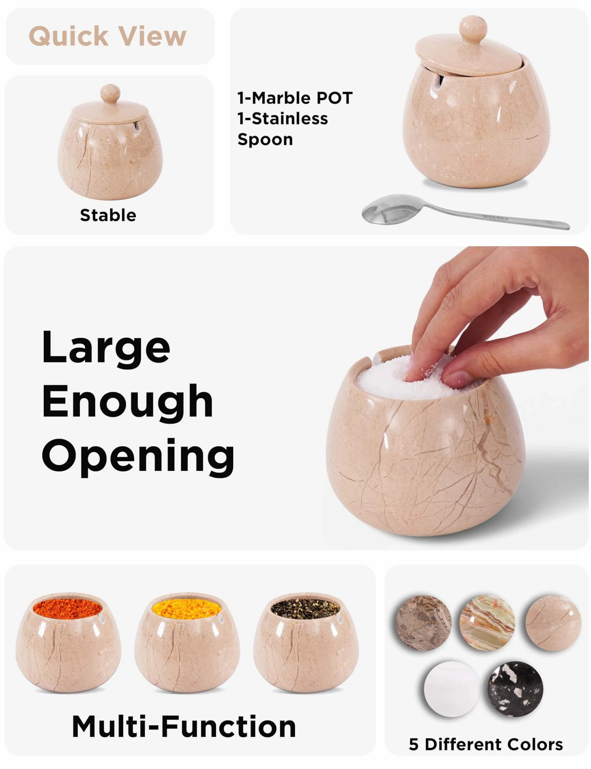 Salero de mármol con tapa de 4 pulgadas, caja de sal hecha a mano, cuenco de sal y pimienta, soporte de sal con tapa y cuchara, bodega de sal para almacenamiento de cocina, recipientes de sal y