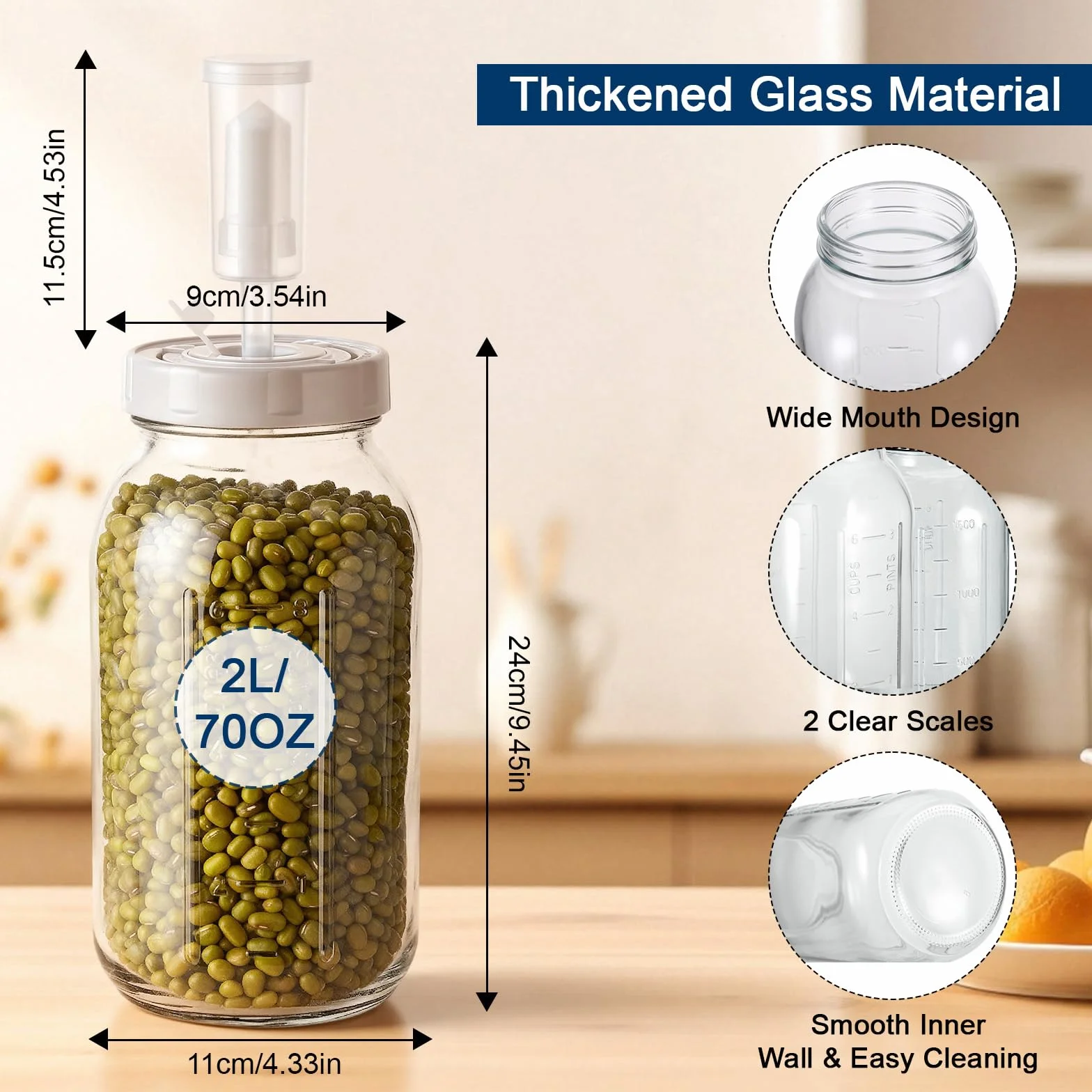 Hejo 2L Tarro de Fermentación con Esclusa de Aire y Tapas de Rosca, Fermentación Jar con Escala de Tiempo Ajustable, Contenedor de Kimchi, Kit de Fermentación para Chucrut, Kombucha, Encurtidos