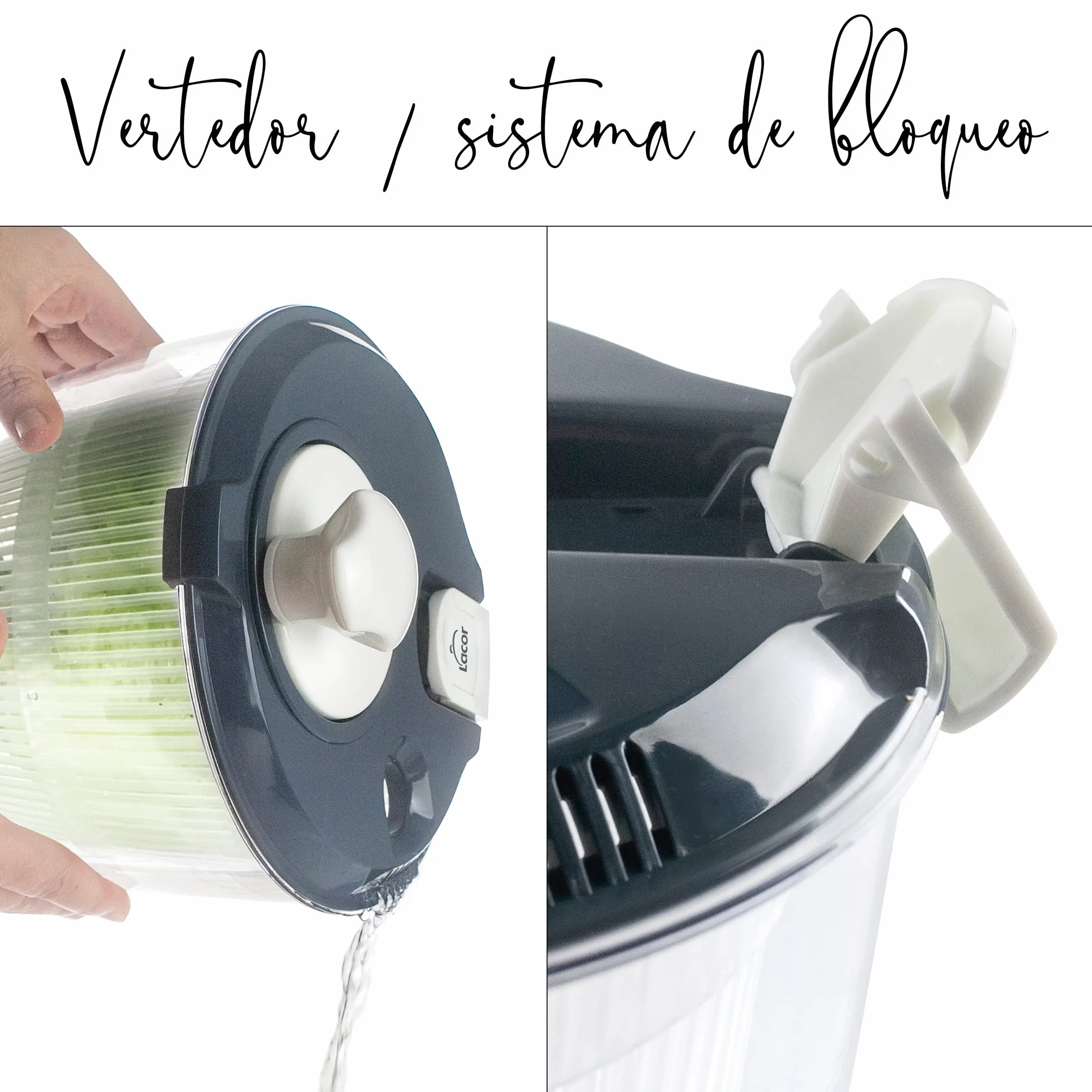 Lacor - 61422 - Centrifugadora KLEIN de Gran Velocidad, Pomo Giratorio, Sistema de Bloqueo, 3 piezas: Escurridor, Rejilla, Bol, 100% libre BPA, Ø 20,5 x 19 cm, Gris