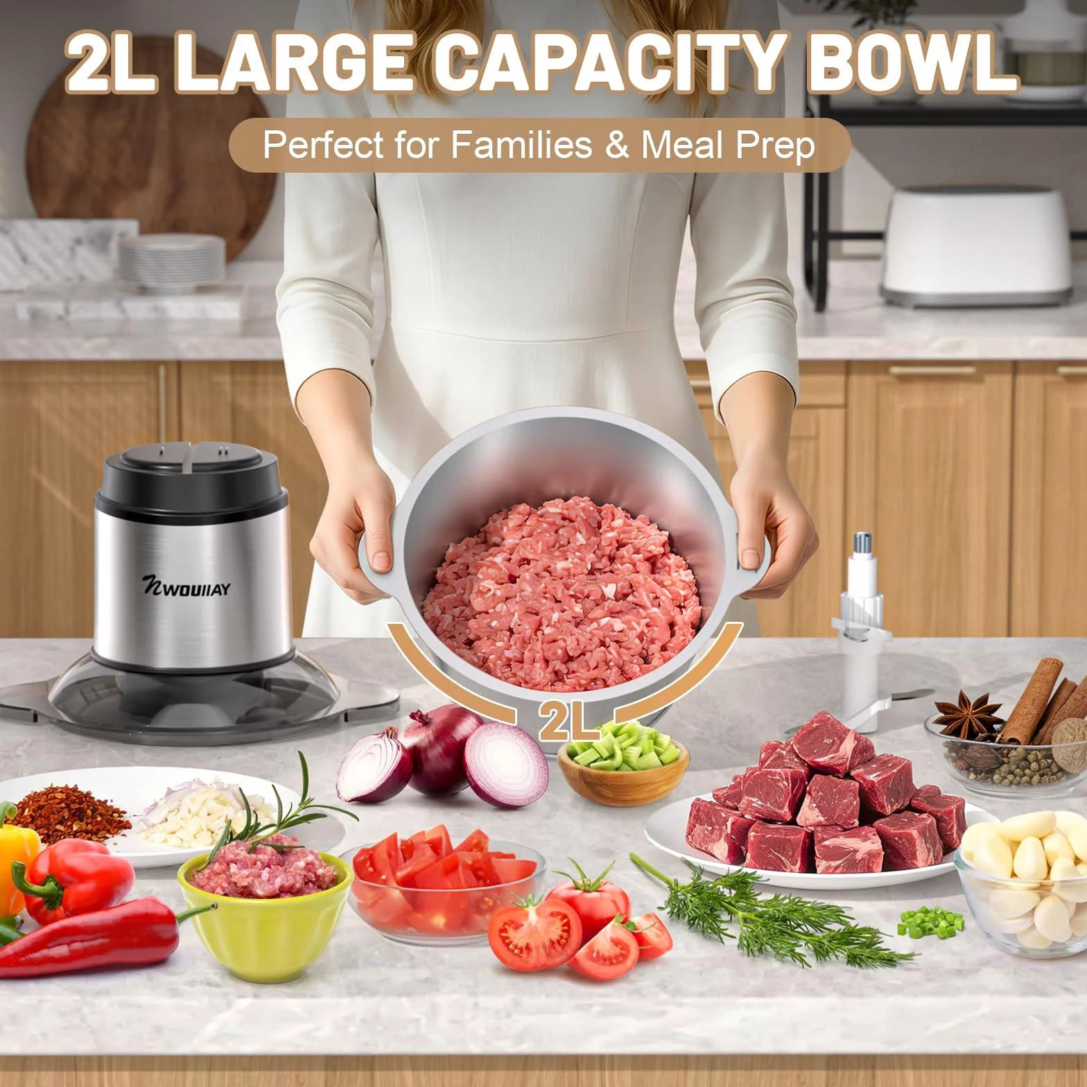 Picadora de Carne Eléctrica 300W 2L, Trituradora Multifuncional para Cocina Doméstica con 2 Velocidades y 4 Cuchillas de Acero Inoxidable, Ideal para Carne, Verduras, Frutas y Cebolla