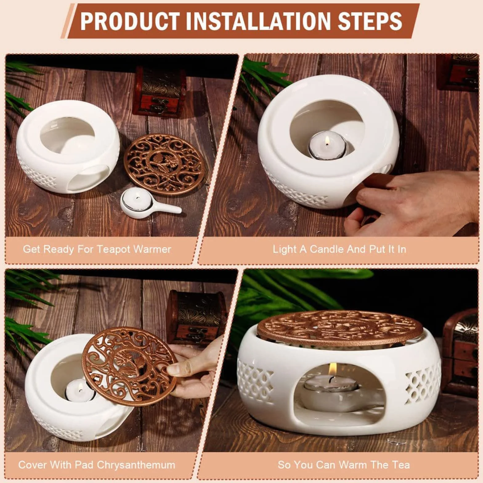 Calentador de Tetera de Porcelana con Cuchara y Tapete, Base Tallada Hueca para Té y Café, Blanco