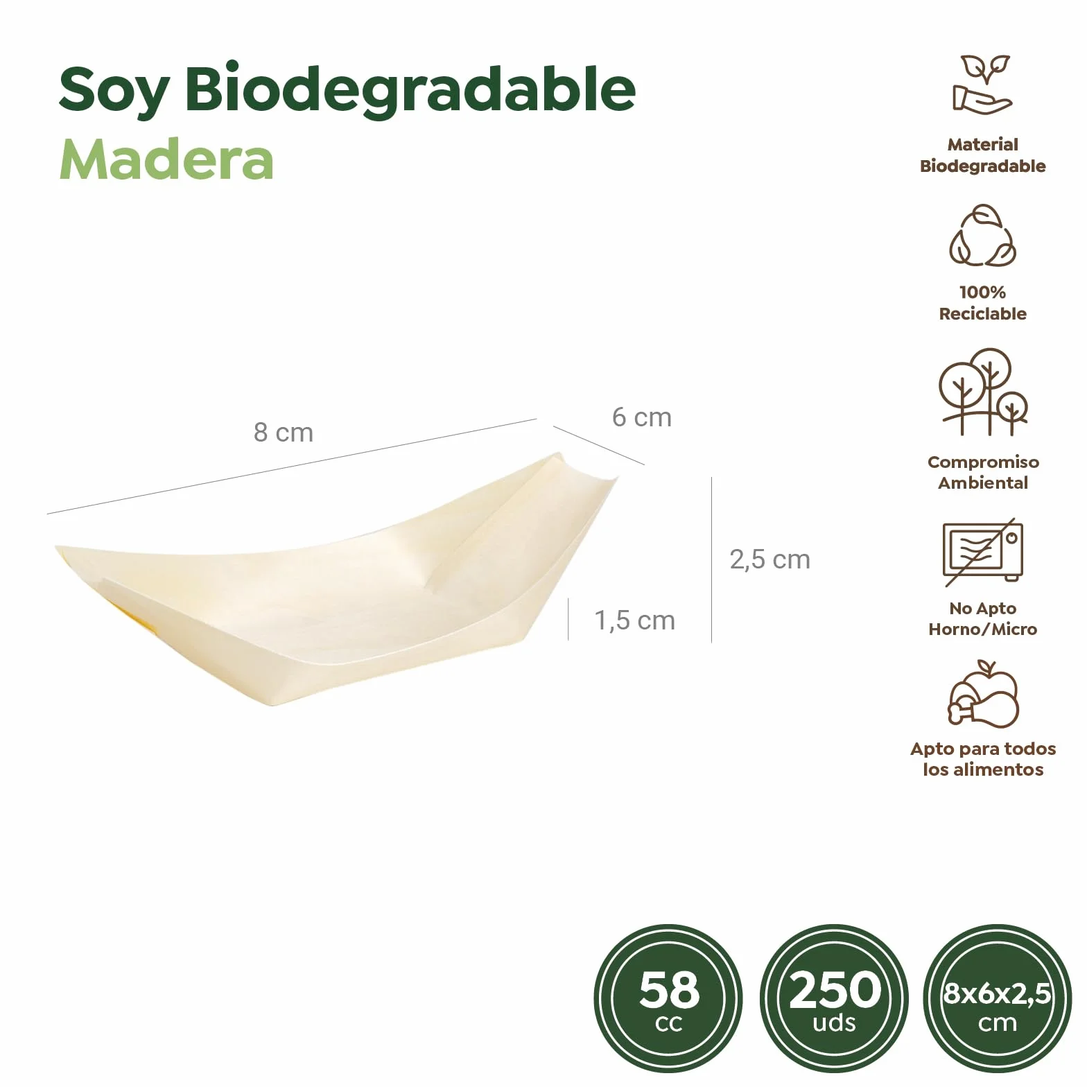 Horeca Collection MAXI PRODUCTS - 250 Barquillas de Madera Desechables - Cuencos Catering Aperitivos Desechable - Cuenco Madera Cocktail - Barquillas Madera 8 x 6 x 1,5 cm - PRÁCTICO Y APILABLE
