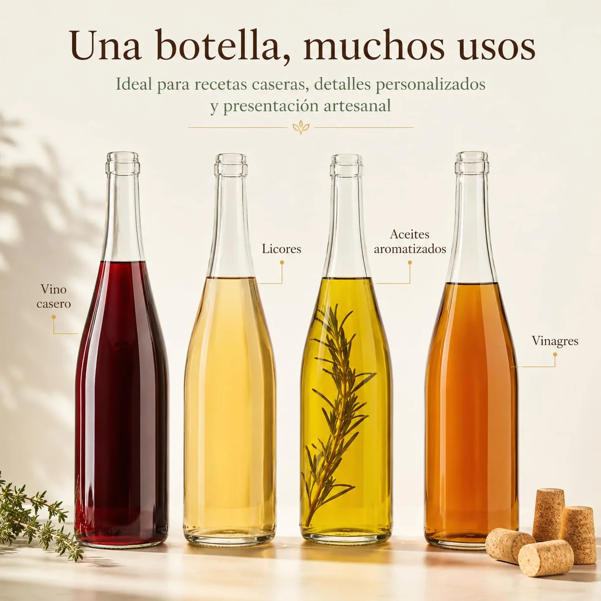 Botellas Vacías para Vino 750 ml Vidrio Transparente Pack 6 Corcho Cónico