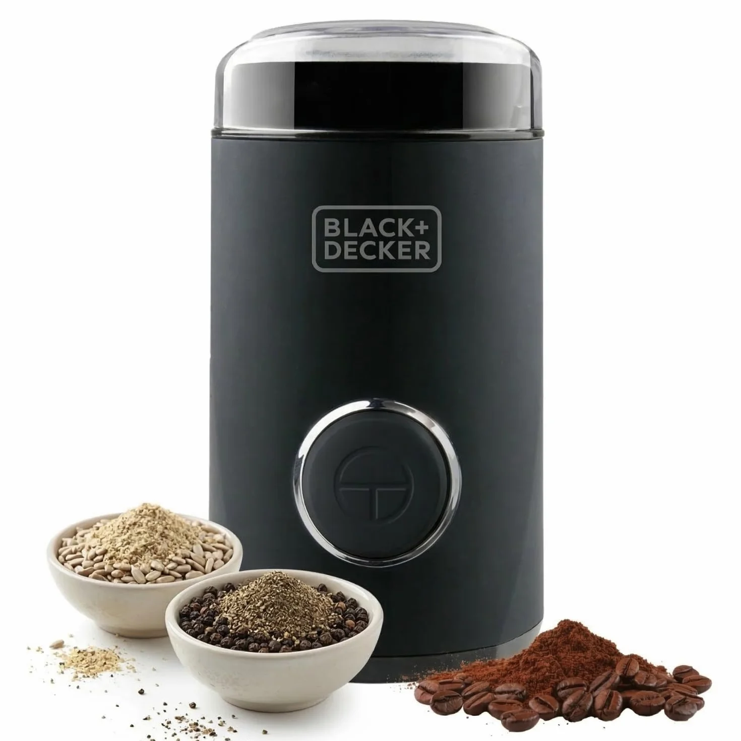BLACK+DECKER BXCG150E - Molinillo de Café | Eléctrico 150W | 12 Tazas Café | Café y Especias | Depósito Granos 50g | Compacto | Cuchillas y Depósito Acero Inox | Tapa Transparente | Recogecable