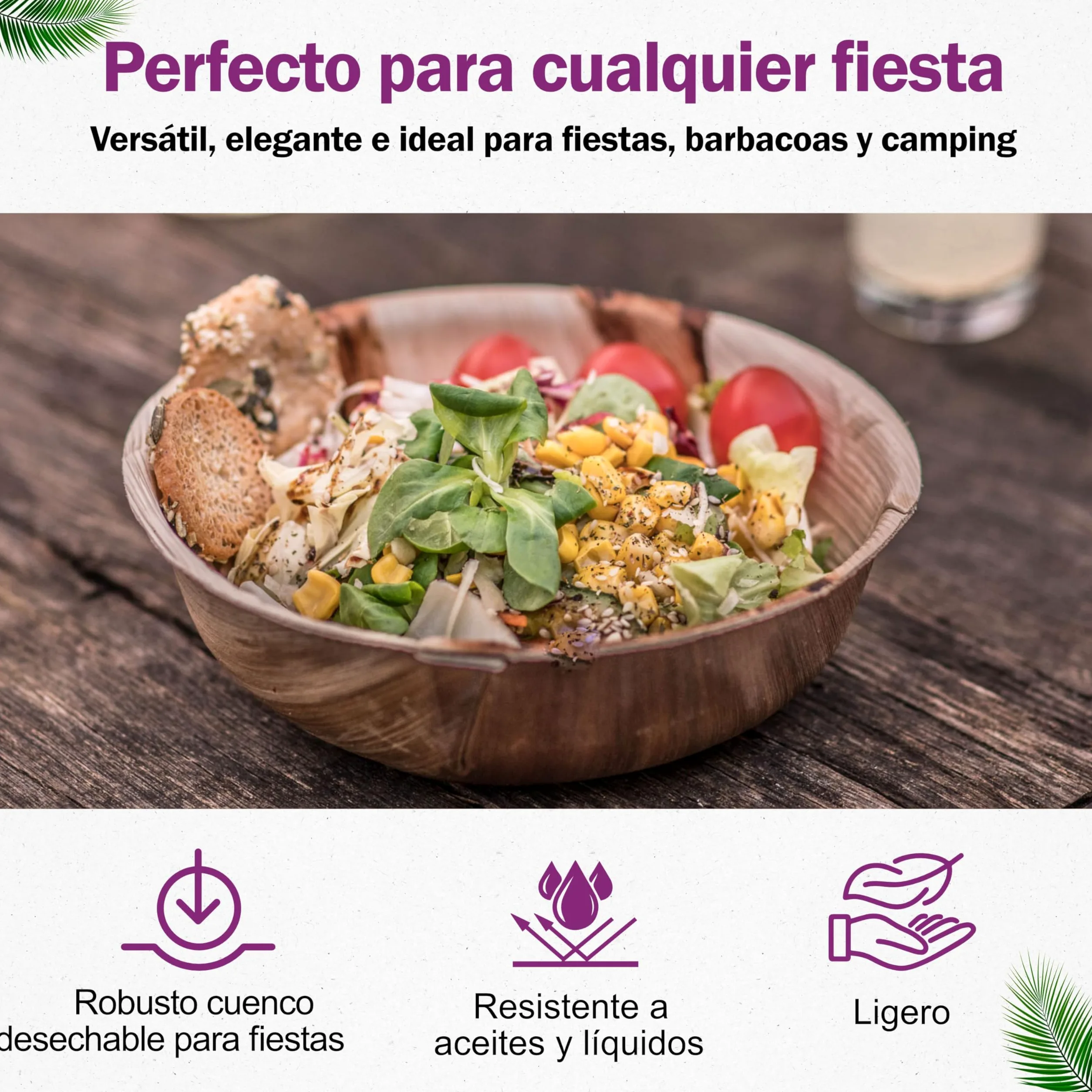25 Cuencos Desechables de Hoja de Palma Ecológicos - 18 cm/ 700 ml - Vajilla Orgánica Elegante - Estable, Natural y Biodegradable - Boles Descartable - similar al Bambu - Estilo Madera