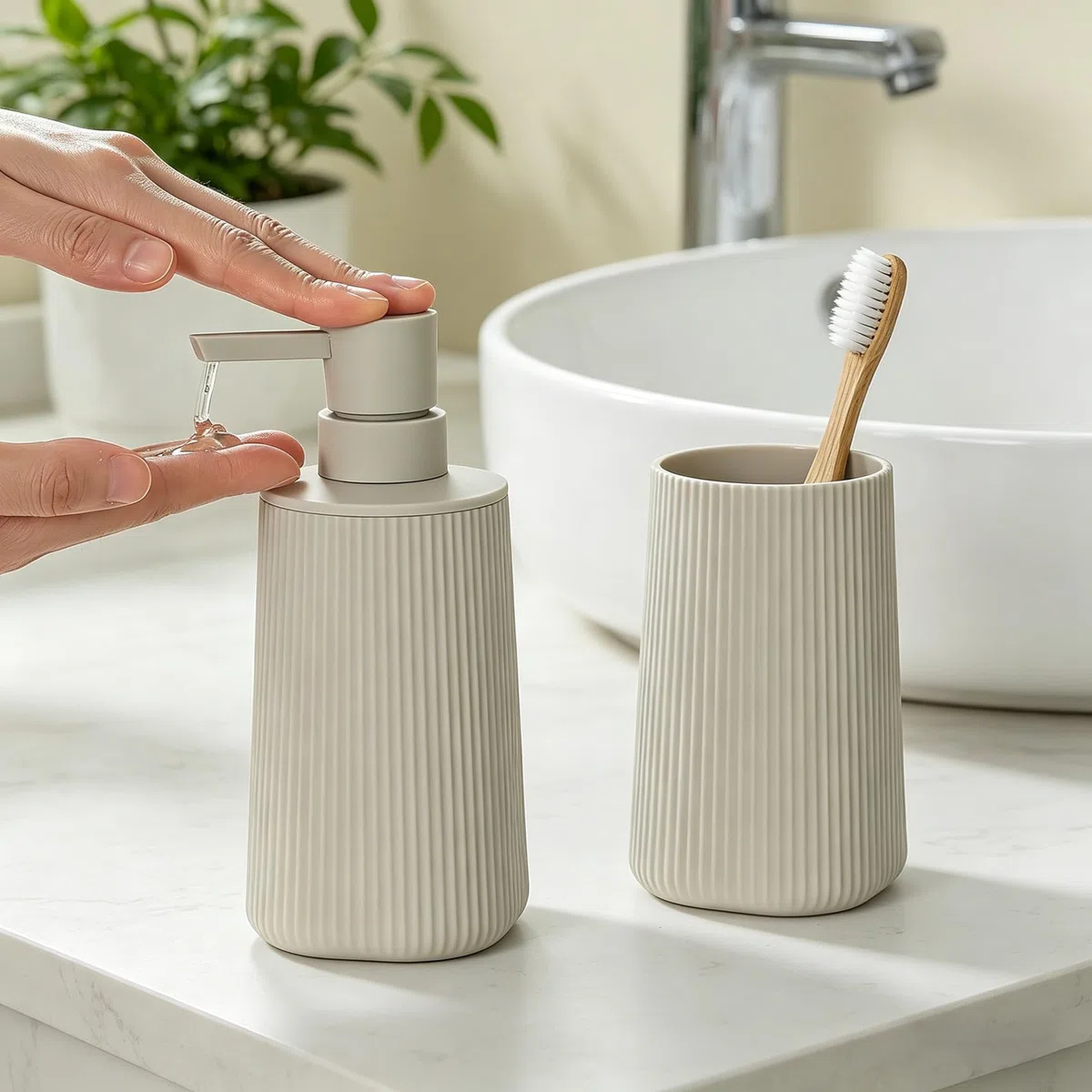 GAHEFY Juego de 2 accesorios de baño dispensador de jabón 250 ml vaso cepillo dientes plástico ABS beige