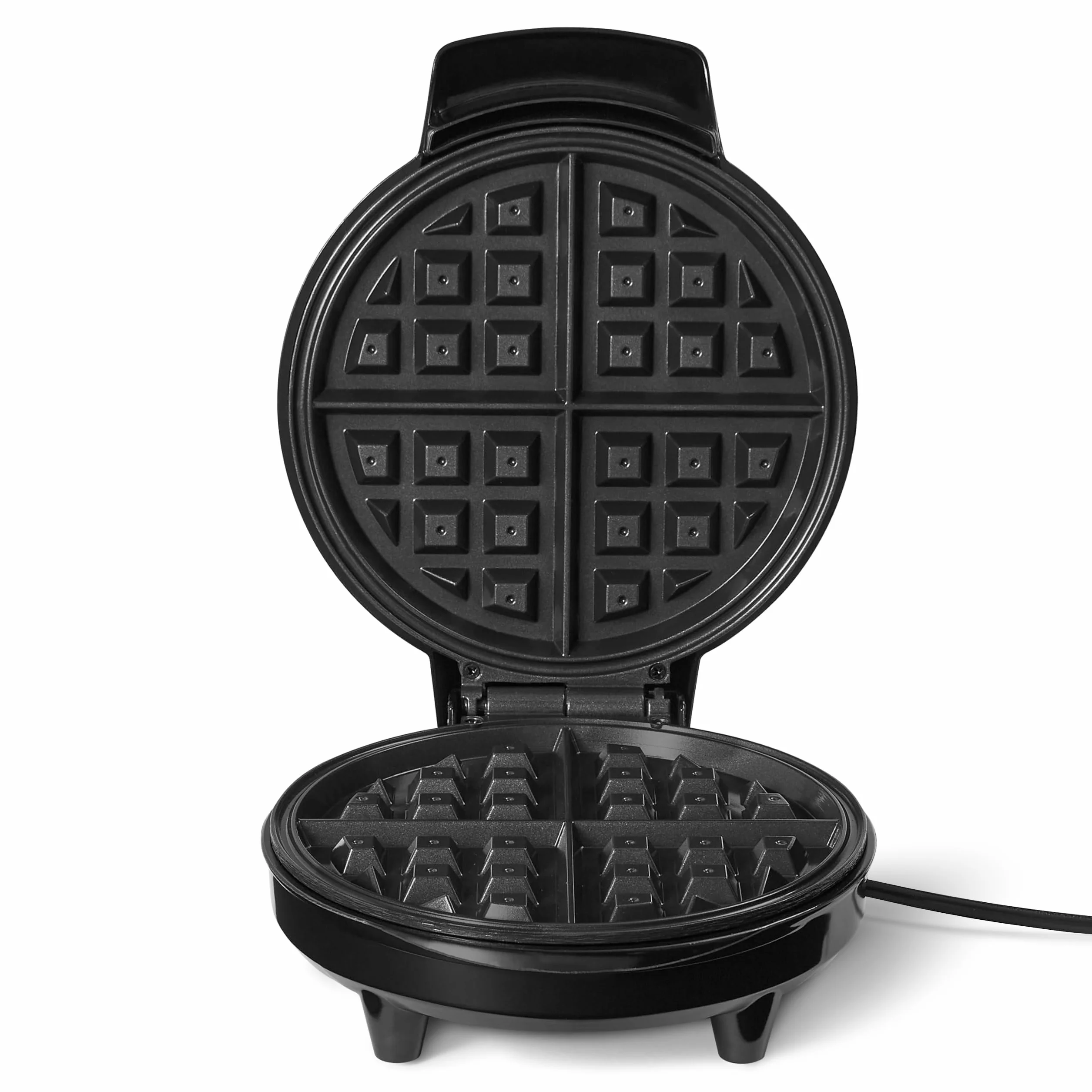 Amazon Basics Máquina para Hacer Gofres con Placa Redonda Antiadherente de Cerámica de 20cm, Control de Dorado, Negro