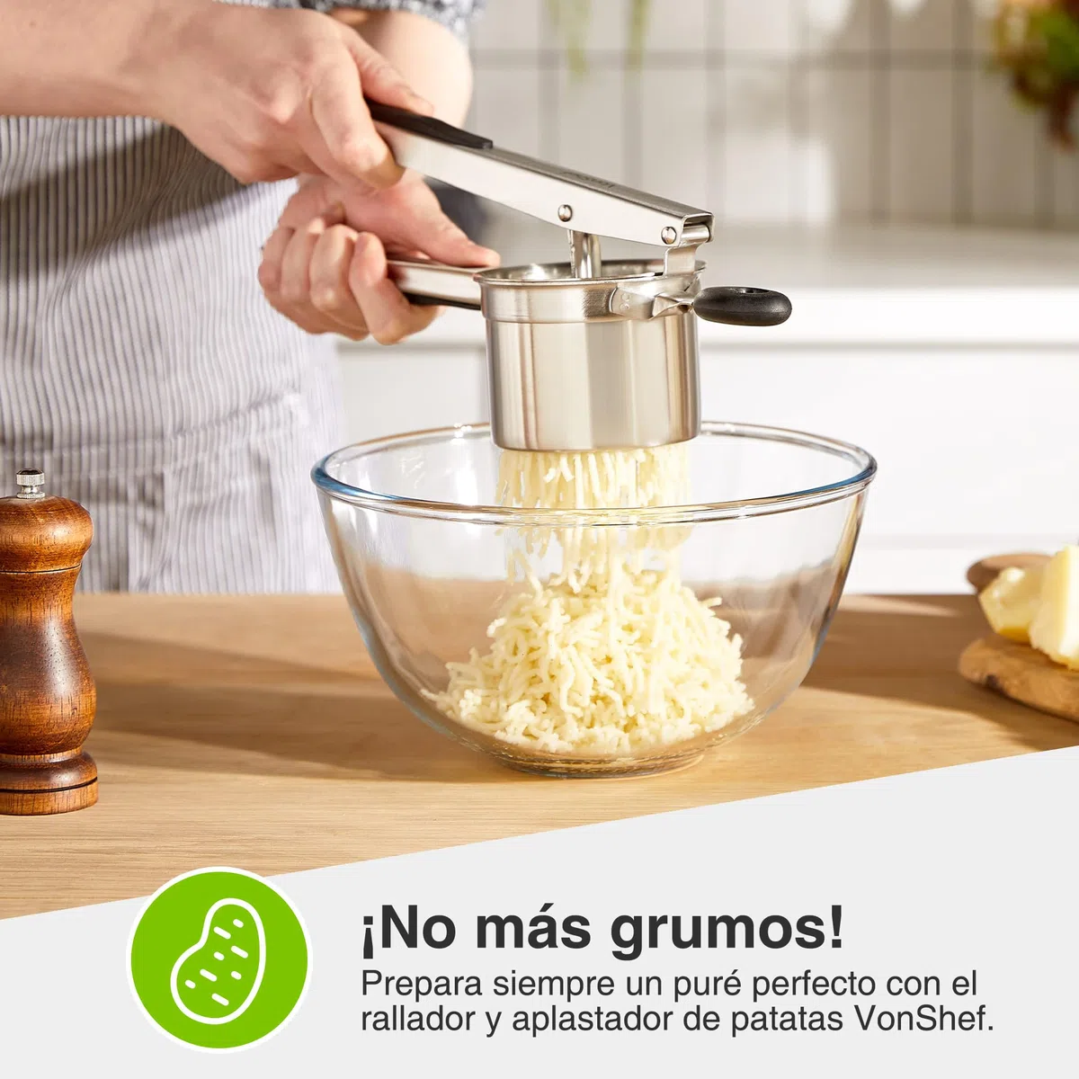 VonShef Rallador y Aplastador de Patatas - Machacador de Patatas de Acero Inoxidable con Mango de Silicona, Apto para Lavavajillas Prensa de Patatas
