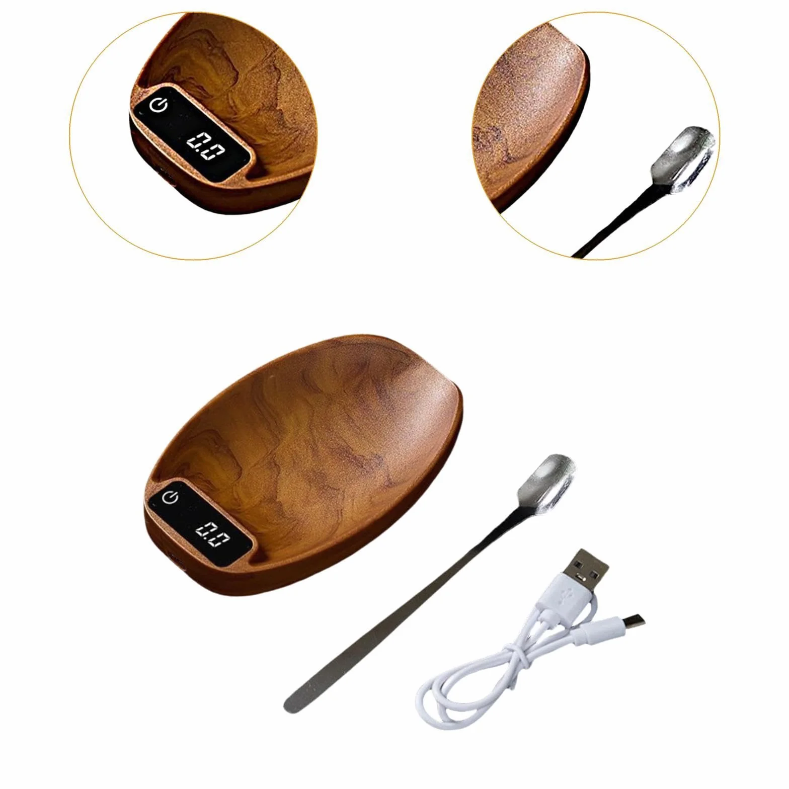 Electrónica para Medir Alimentos Té Café con Cuchara Digital Material PP Acabado Madera Diseño Pequeño Recargable USB Apta para Oficina Hogar, MarrÓn, Individual