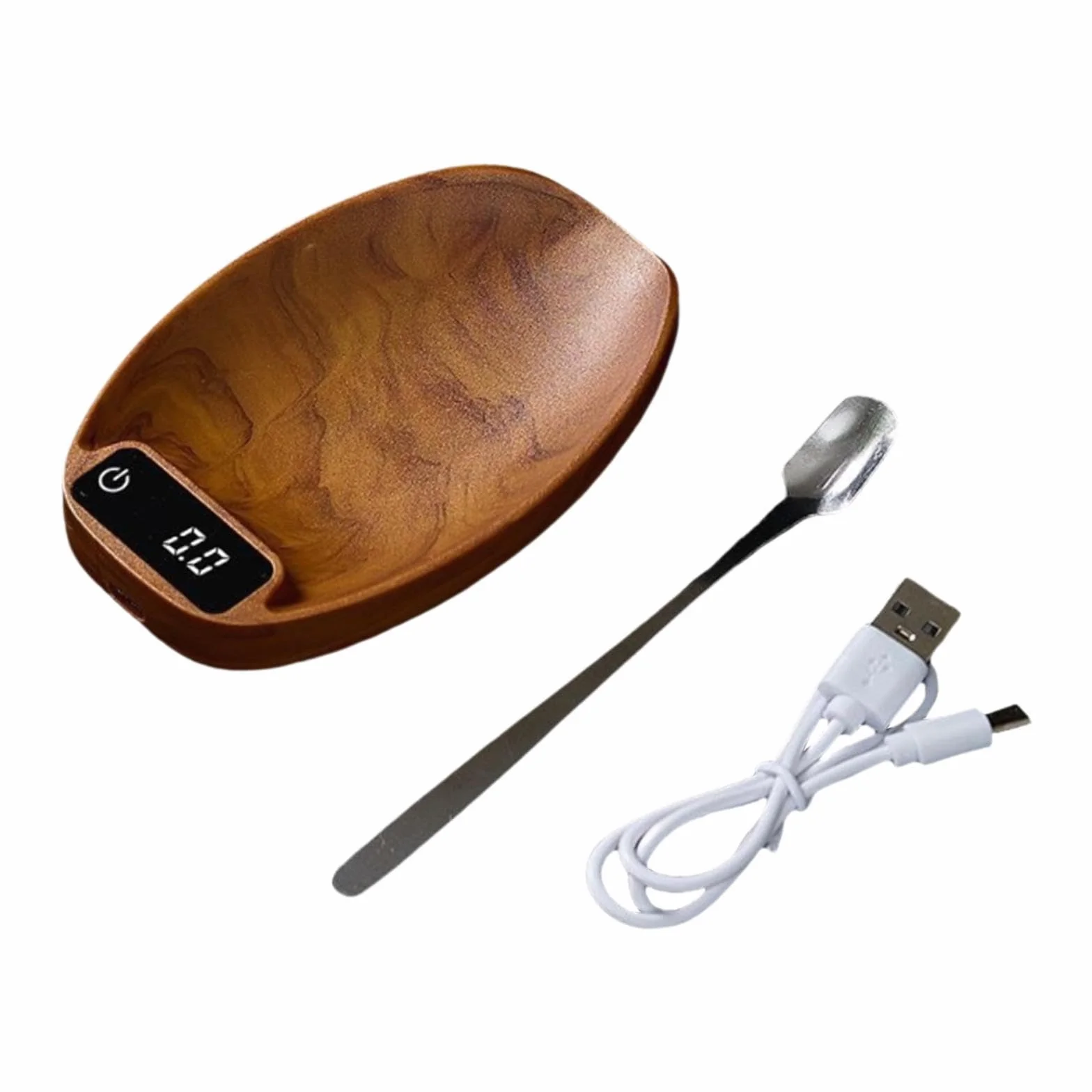 Electrónica para Medir Alimentos Té Café con Cuchara Digital Material PP Acabado Madera Diseño Pequeño Recargable USB Apta para Oficina Hogar, MarrÓn, Individual