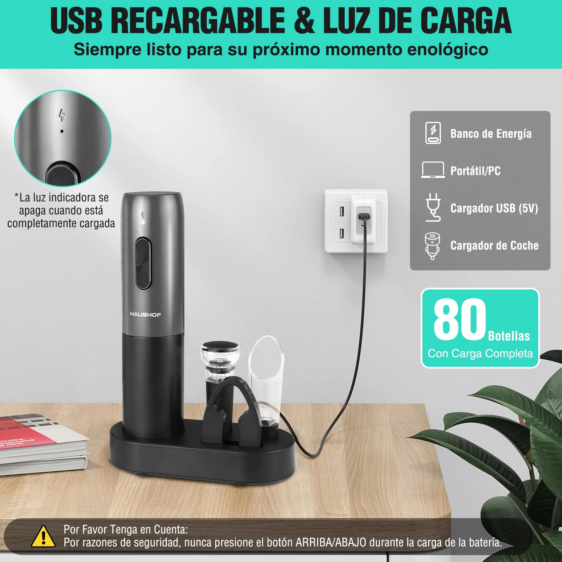 HAUSHOF Sacacorchos Eléctrico Recargable 6 en 1, Abridor de Vino Automático con Cortador de Láminas, Tapón al Vacío, Vertedor, Cable USB-C y Base