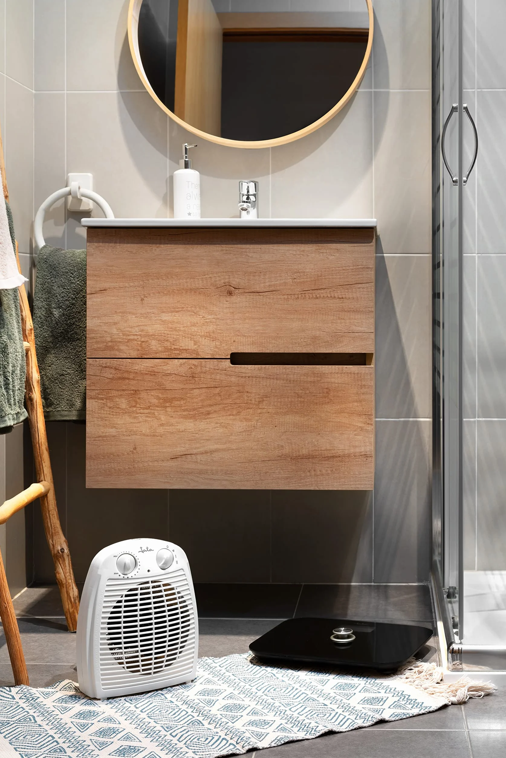 JATA TV78 - Calefactor Baño Eléctrico con Termostato Ajustable, 2000 W, 2 Potencias de Calor y Ventilador, Calentamiento Rápido, Protección Sobrecalentamiento, Asa de transporte