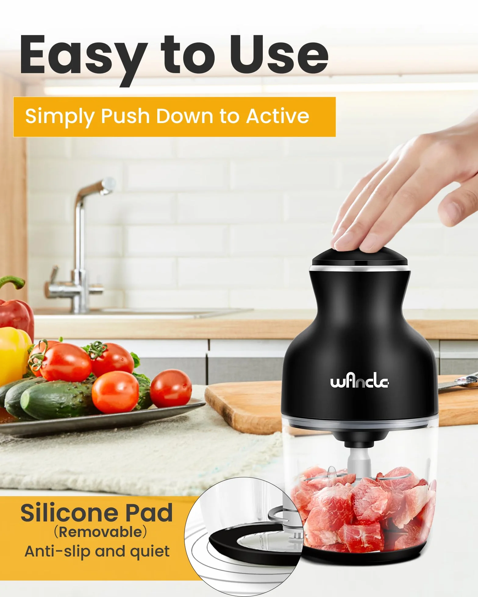 Wancle Picadora Eléctrica 350W, Picadora de Carne Multifuncional 600ML, Fácil de Limpiar, Silenciosa, Ideal para Cocinar en Casa (Negro)