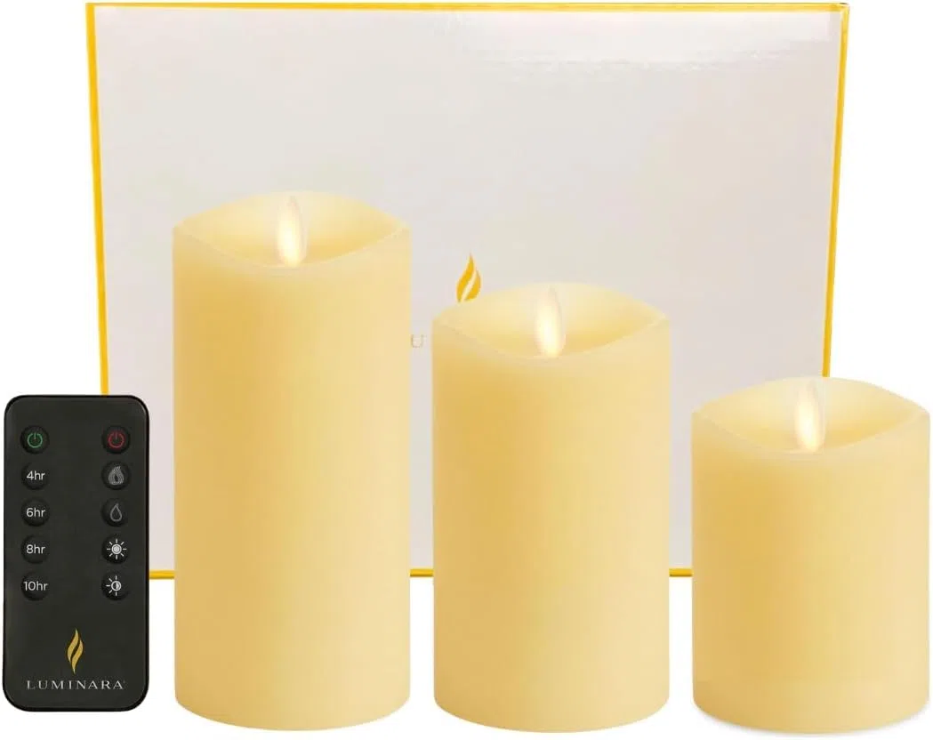 Luminara - Juego de 3 velas pilares LED de cera de efecto llama (mando a distancia), color marfil