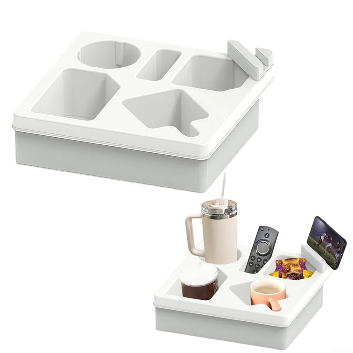 Bandeja de silicona con soporte para bebidas dobles y almacenamiento de aperitivos para sofá, cama, asiento de coche, organizador de control remoto para el hogar (blanco)