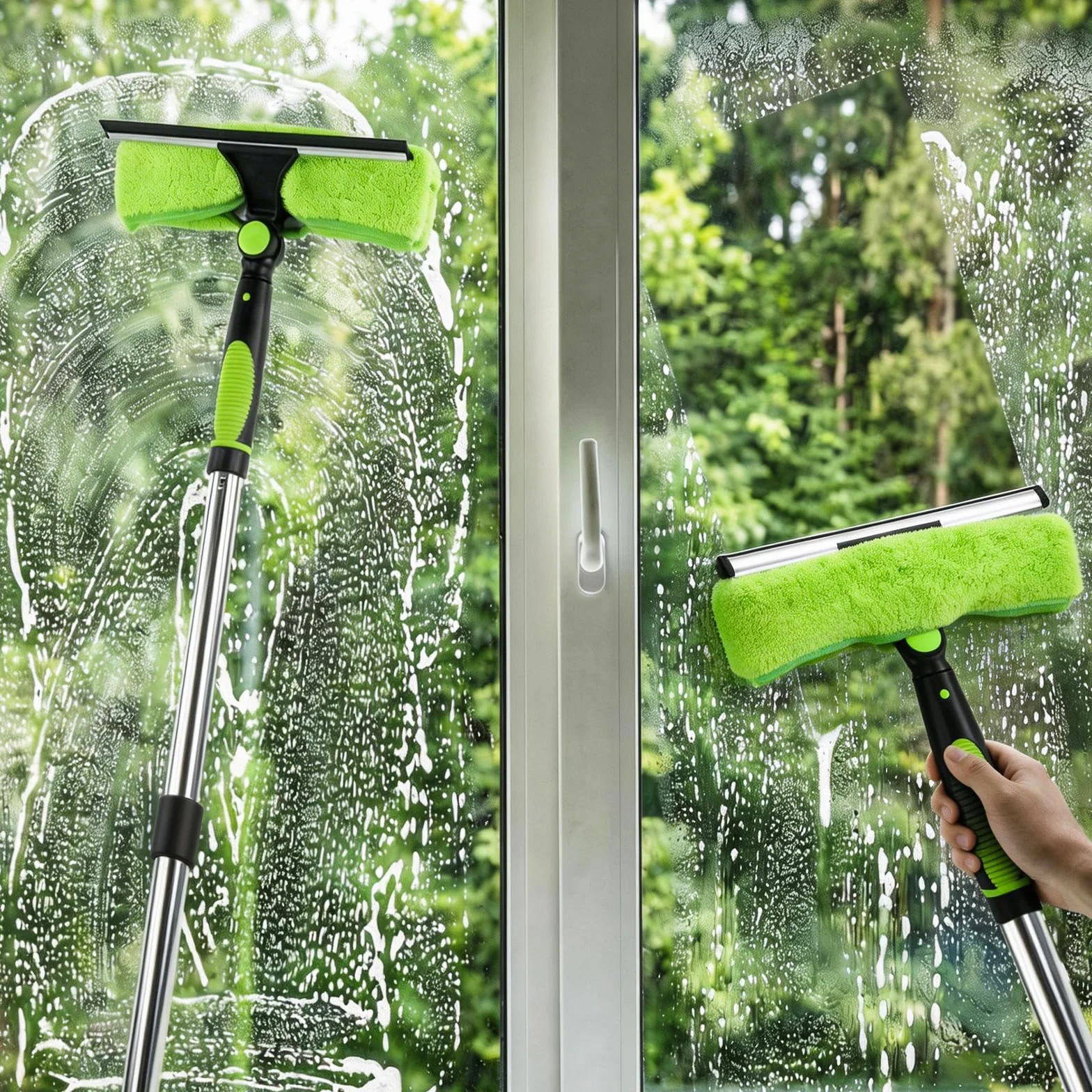CLOPAE 3M Limpia Cristales con Mango Extensible, 2 en 1 Limpiador de Cristales con 400ML Limpia Ventanas, Kit Limpiacristales Profesional para Ducha Cristal Espejo Puerta Coche