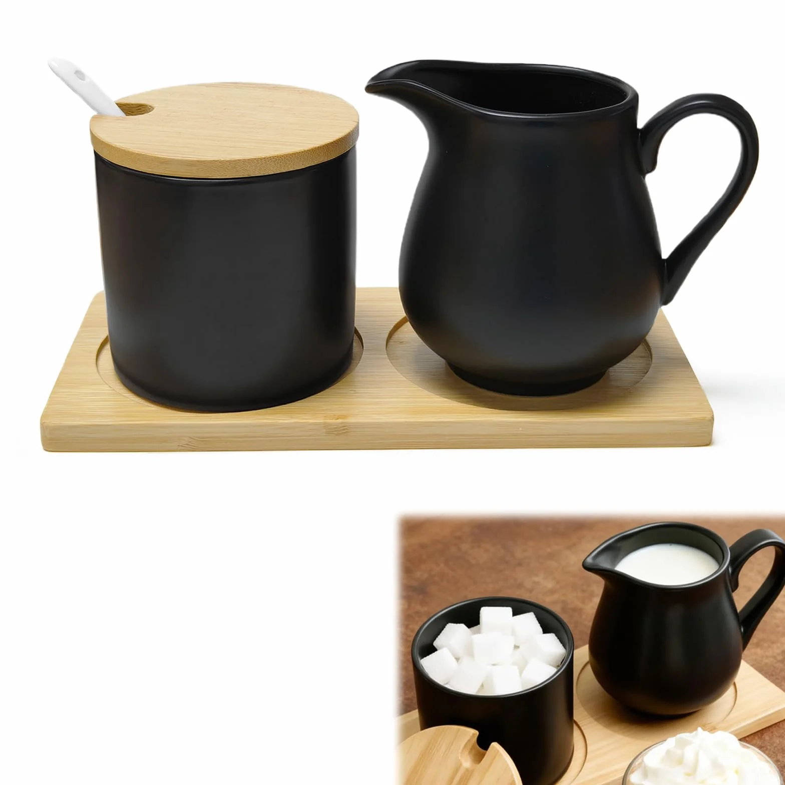 Juego de leche y azúcar de cerámica con bandeja de madera apto para microondas y lavavajillas