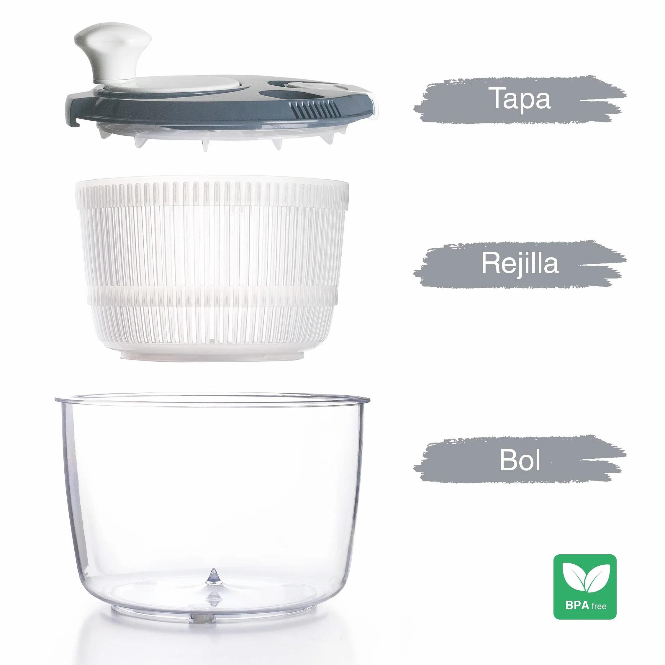 Lacor - 61422 - Centrifugadora KLEIN de Gran Velocidad, Pomo Giratorio, Sistema de Bloqueo, 3 piezas: Escurridor, Rejilla, Bol, 100% libre BPA, Ø 20,5 x 19 cm, Gris