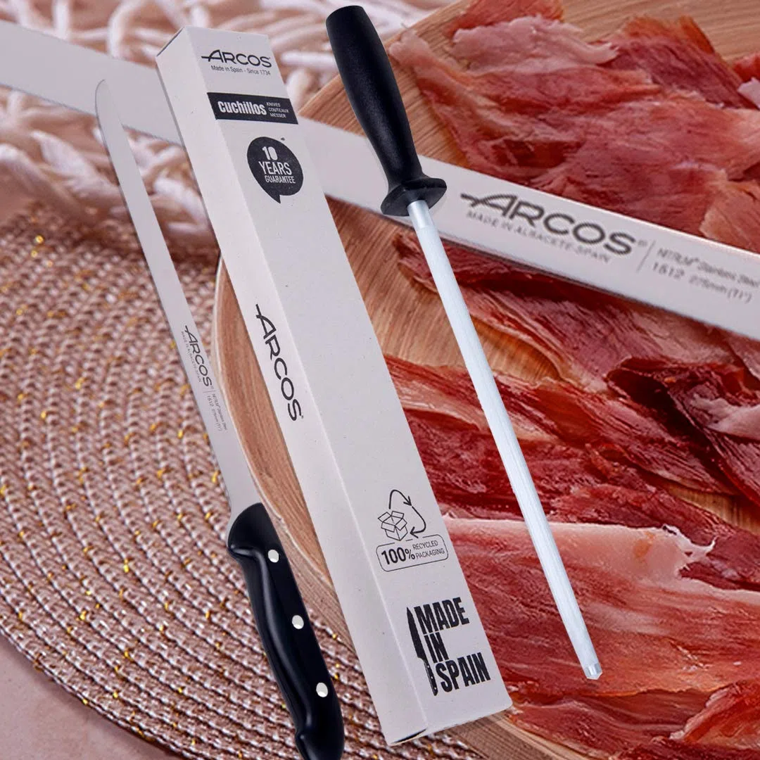 Arcos jamonero Profesional | Cuchillo jamonero jamonero Inoxidable Nitrum | Mango Negro | Cuchillo Jamon iberico | Serie Maitre| Hoja Flexible y Filo Liso | 275 mm | Acero Inoxidable NITRUM
