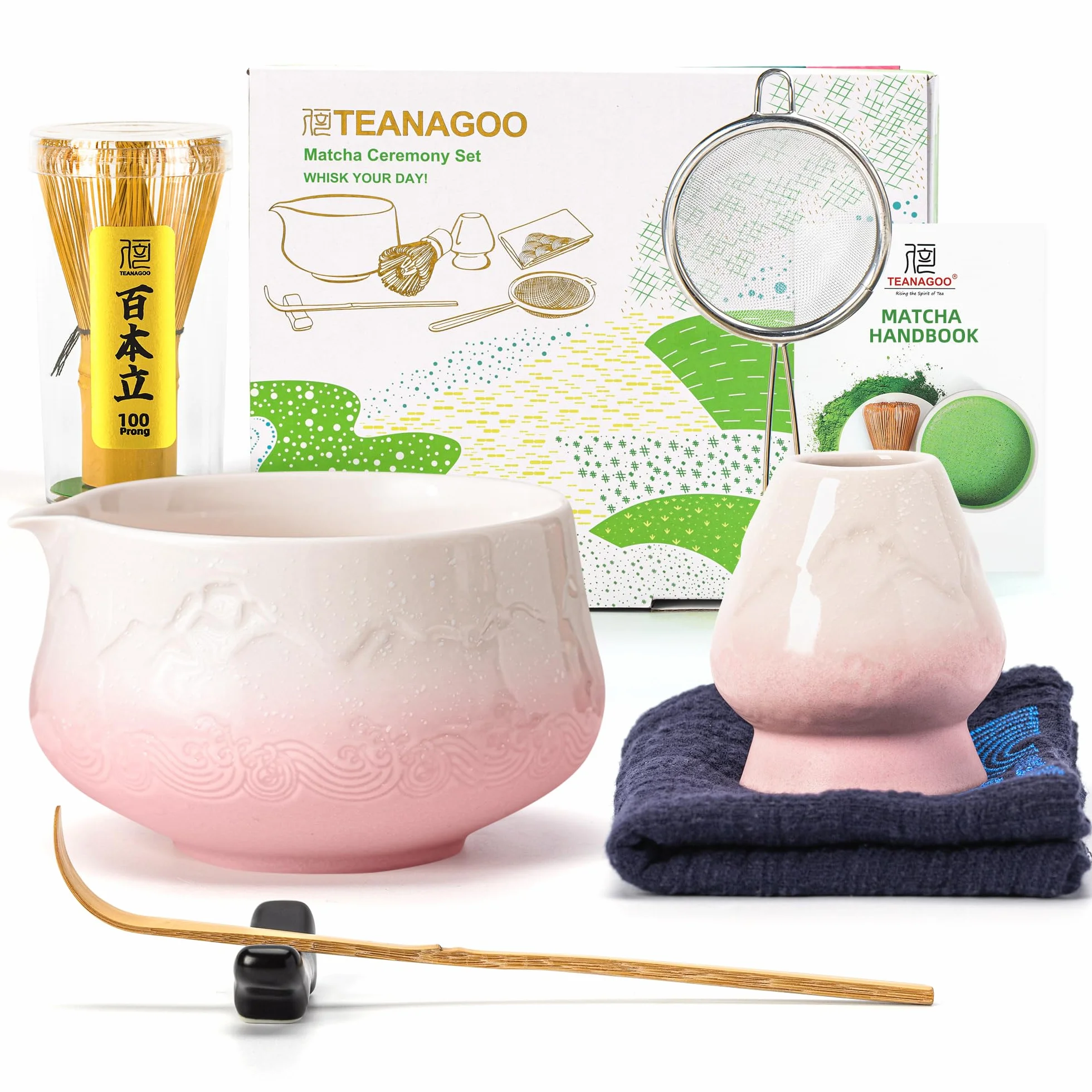 TEANAGOO Te Matcha Kit, Matcha Kit 7 piezas de Batidor con Pico Vertedor, Set de Regalo de Matcha para la Ceremonia del Té, juego de té matcha para hacer café con leche(Gradiente Rosa)