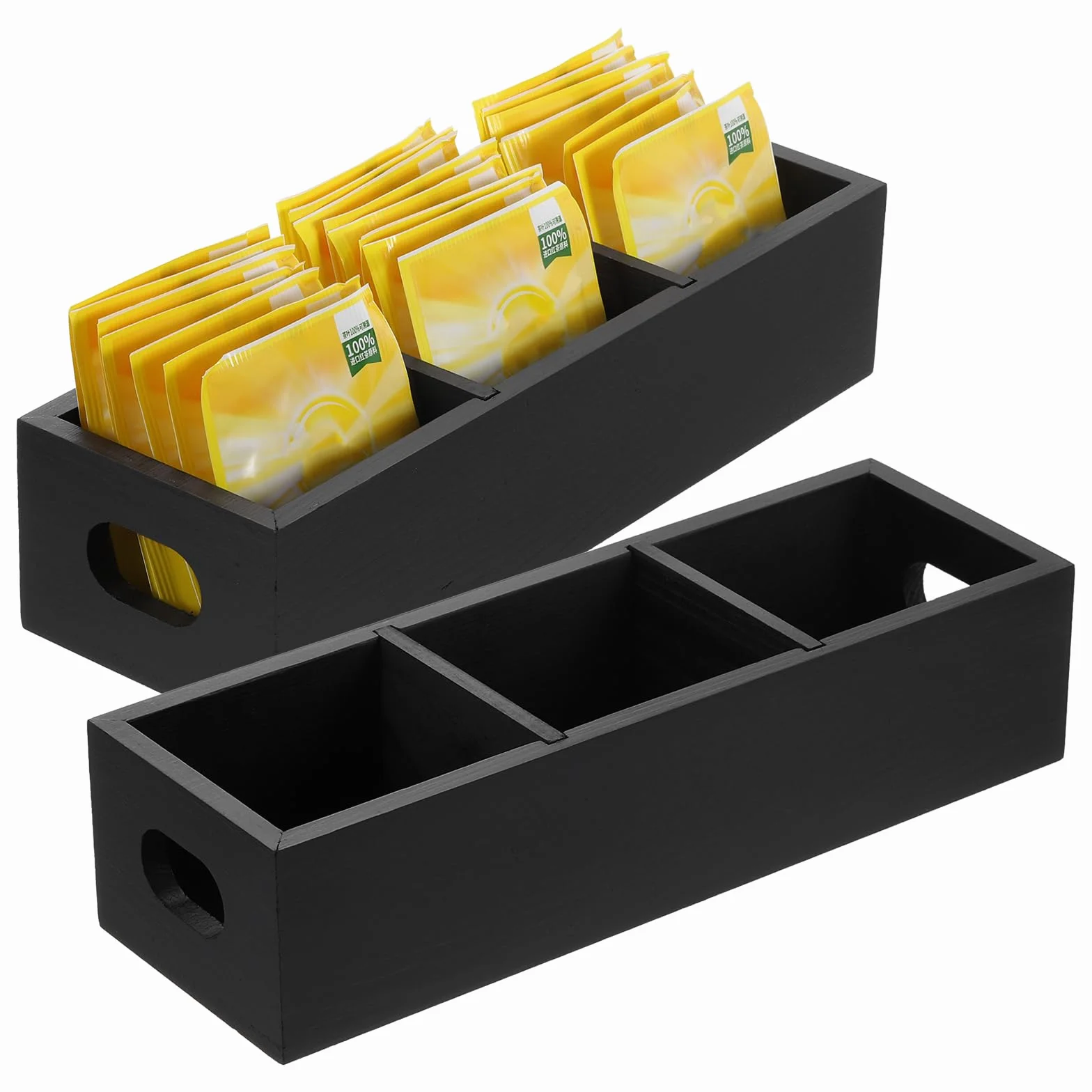 QUARKZMAN Organizador de Bolsitas de Té, Caja de Té de Madera de Pino con 3 Compartimentos Y Asa, Organizador de Almacenamiento de Té para Bolsitas de Té, Negro