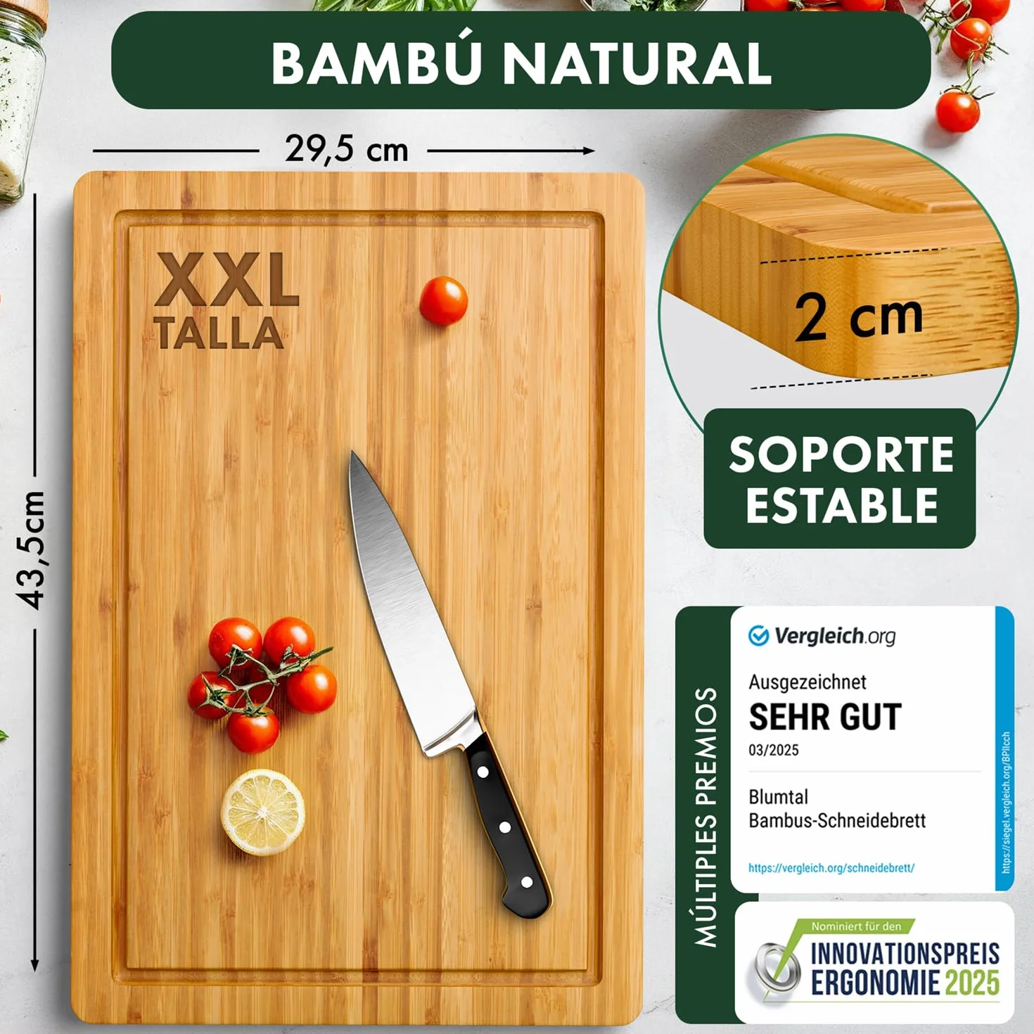 Blumtal Tabla De Cocina 100% Bambú - Tabla de Cortar de madera Resistente, Antiséptica, 43,5 x 29,5 cm